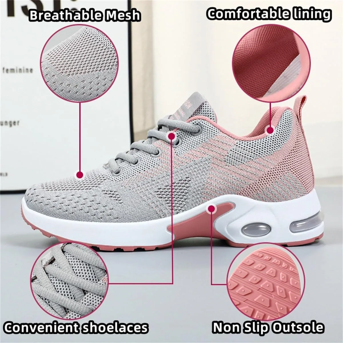 Air Cushion Running Shoes,Gym Workout Walking Shoes,Breathable Mesh Sneakers,Non Slip Arch Support Platform Loafers