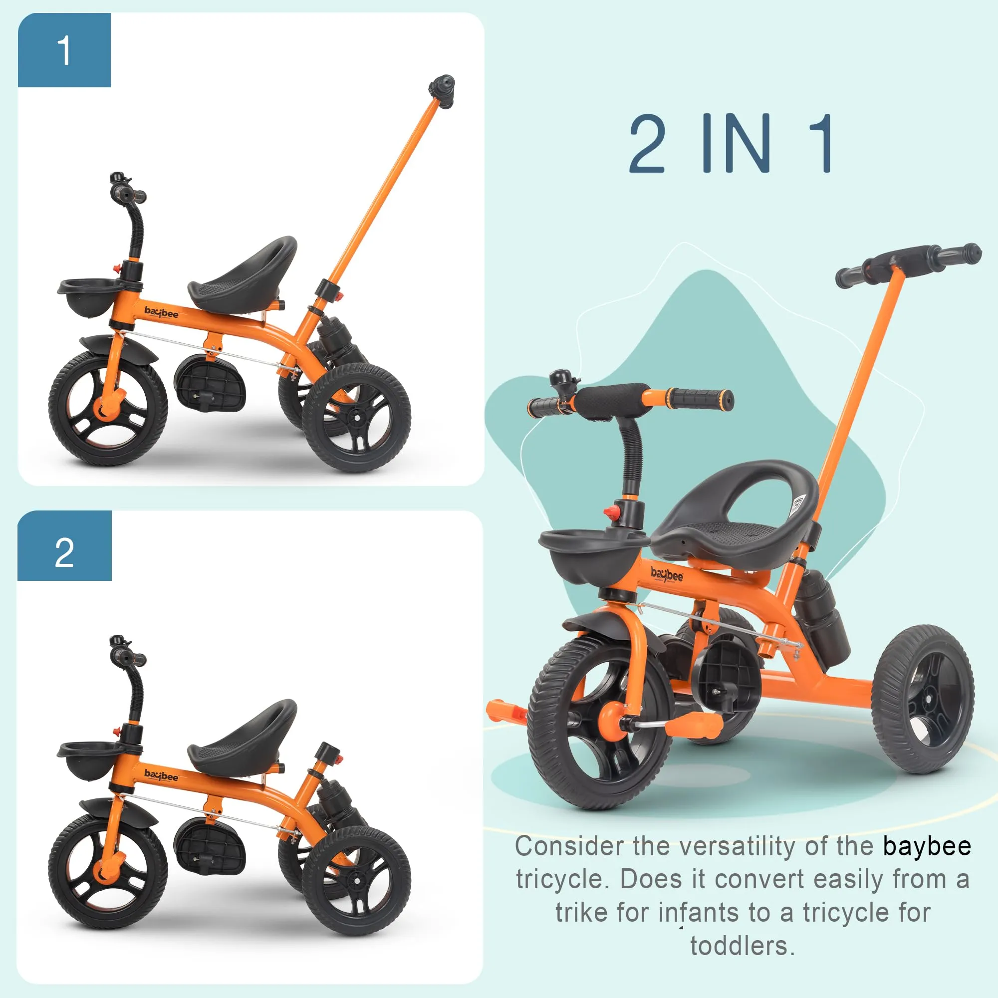 Baybee Triker 2 in 1 Baby Tricycle for Kids, Smart Kids Tricycle with Parental Push Handle, Eva Wheels, Footrest & Baskets