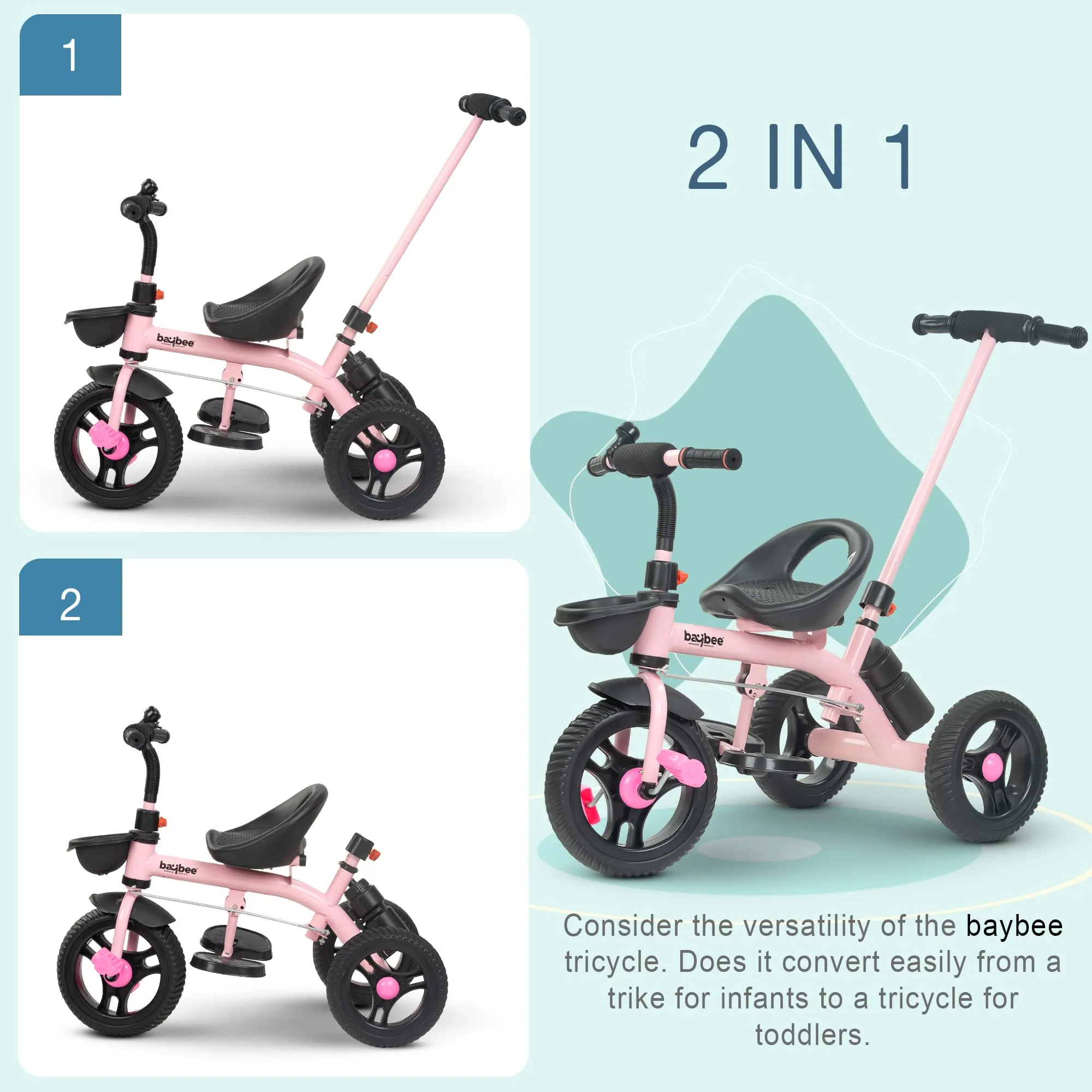 Baybee Triker 2 in 1 Baby Tricycle for Kids, Smart Kids Tricycle with Parental Push Handle, Eva Wheels, Footrest & Baskets