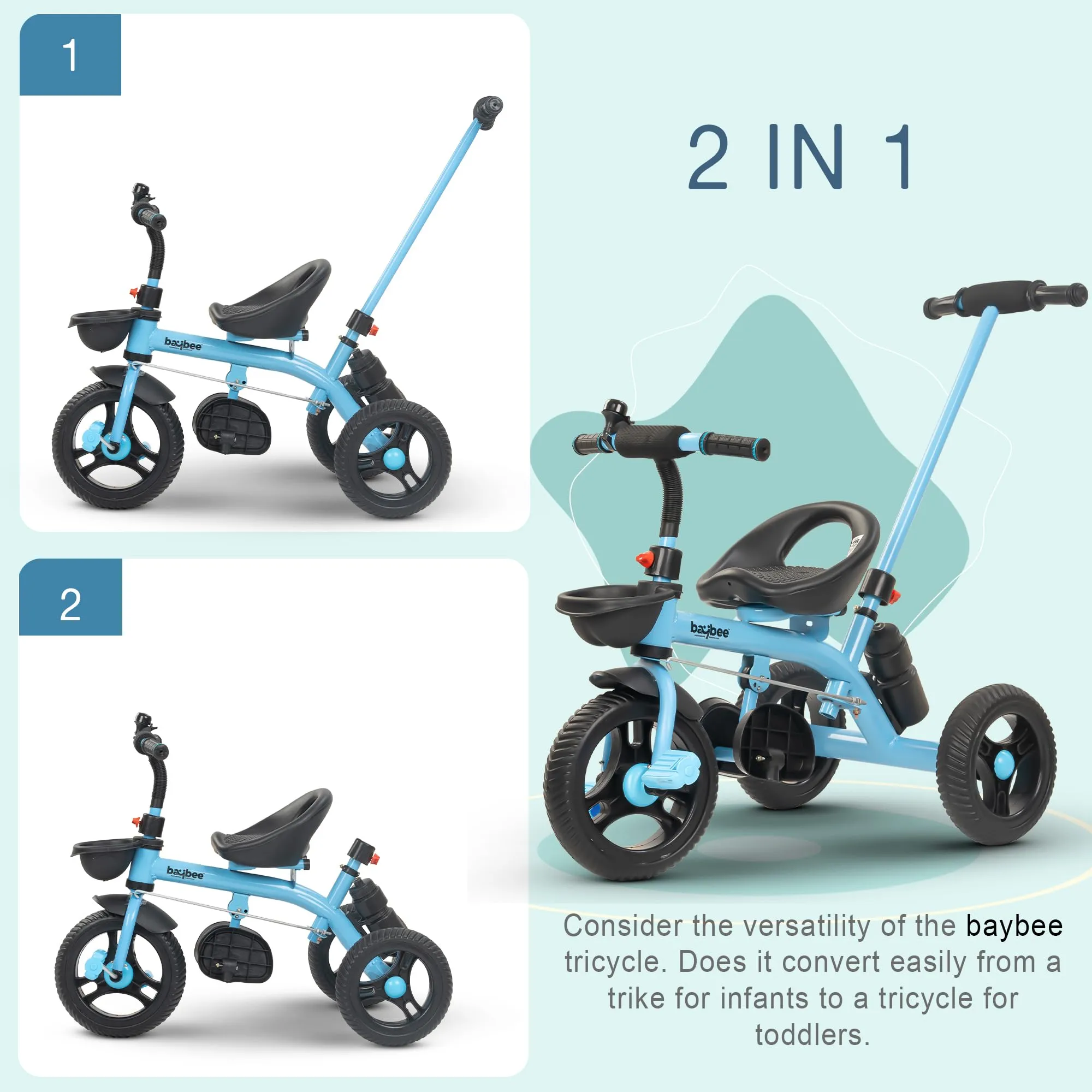 Baybee Triker 2 in 1 Baby Tricycle for Kids, Smart Kids Tricycle with Parental Push Handle, Eva Wheels, Footrest & Baskets