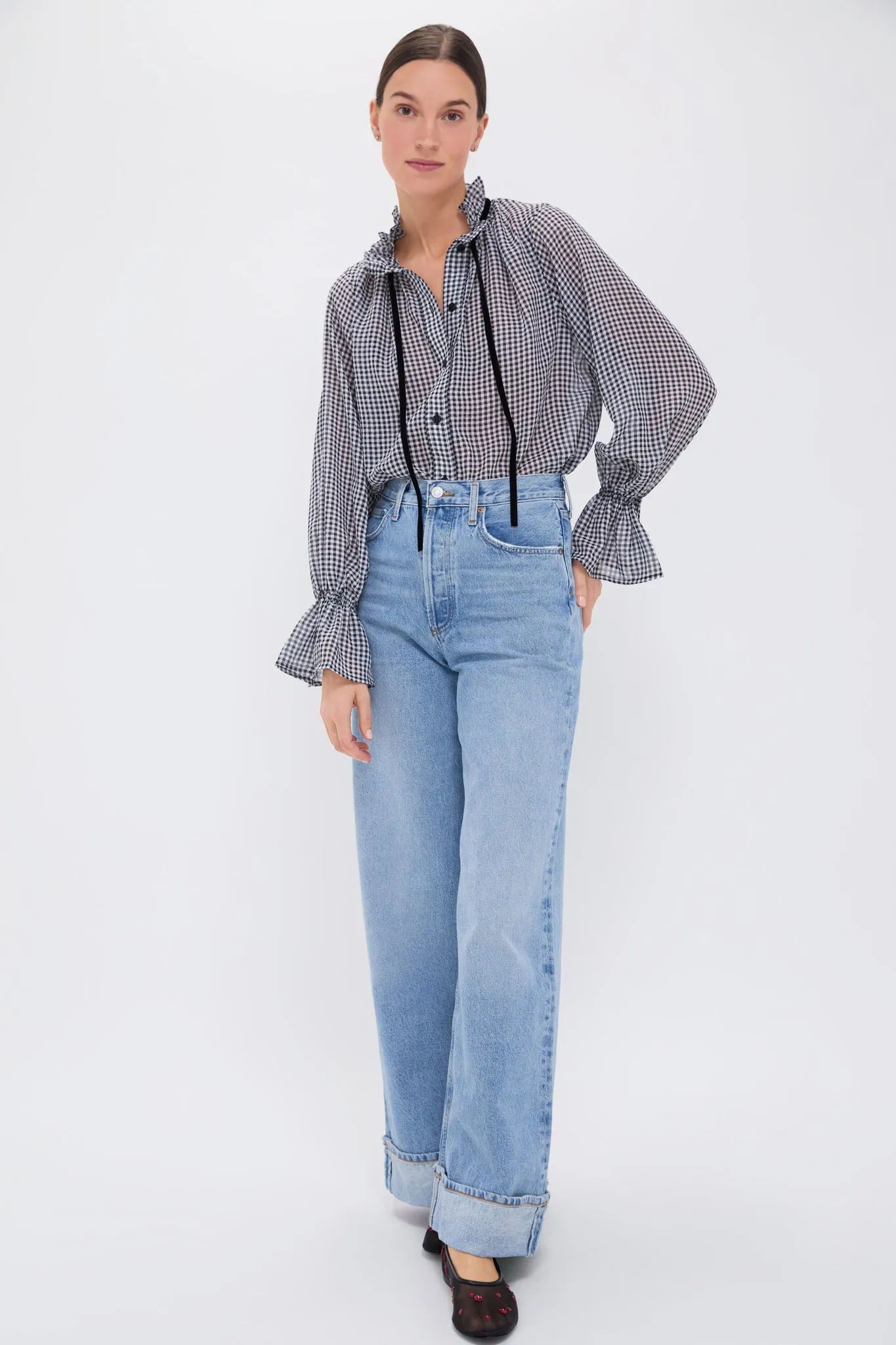 Black Sheer Fluid Check Tie String Shirt