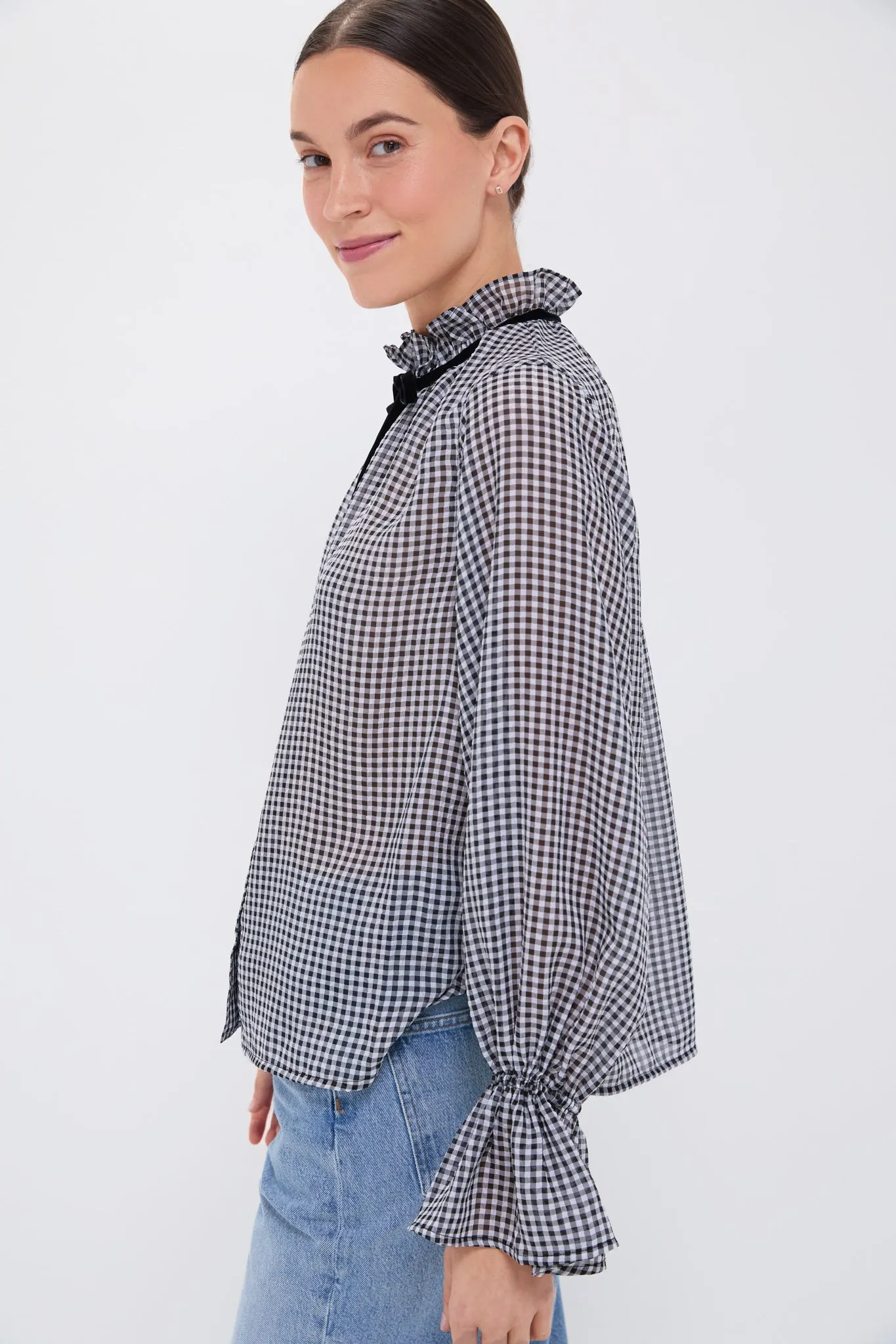 Black Sheer Fluid Check Tie String Shirt