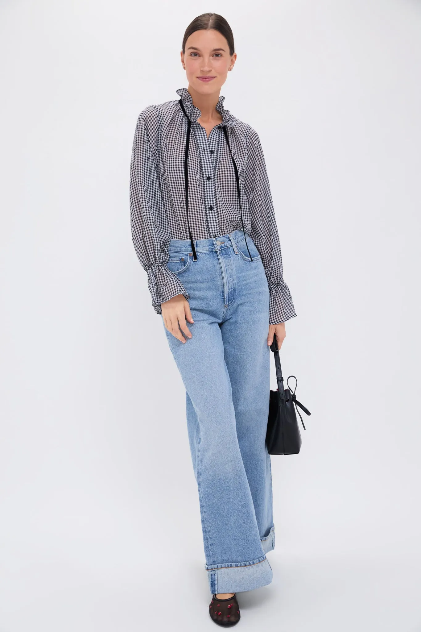 Black Sheer Fluid Check Tie String Shirt