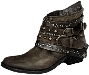 Booties for Women Ankle Black Flat Booties Flat Cowboy Boots for Women Black Ankle Boot Casual Round Head Closed Pointed Toe Low Block Heel Zip Up