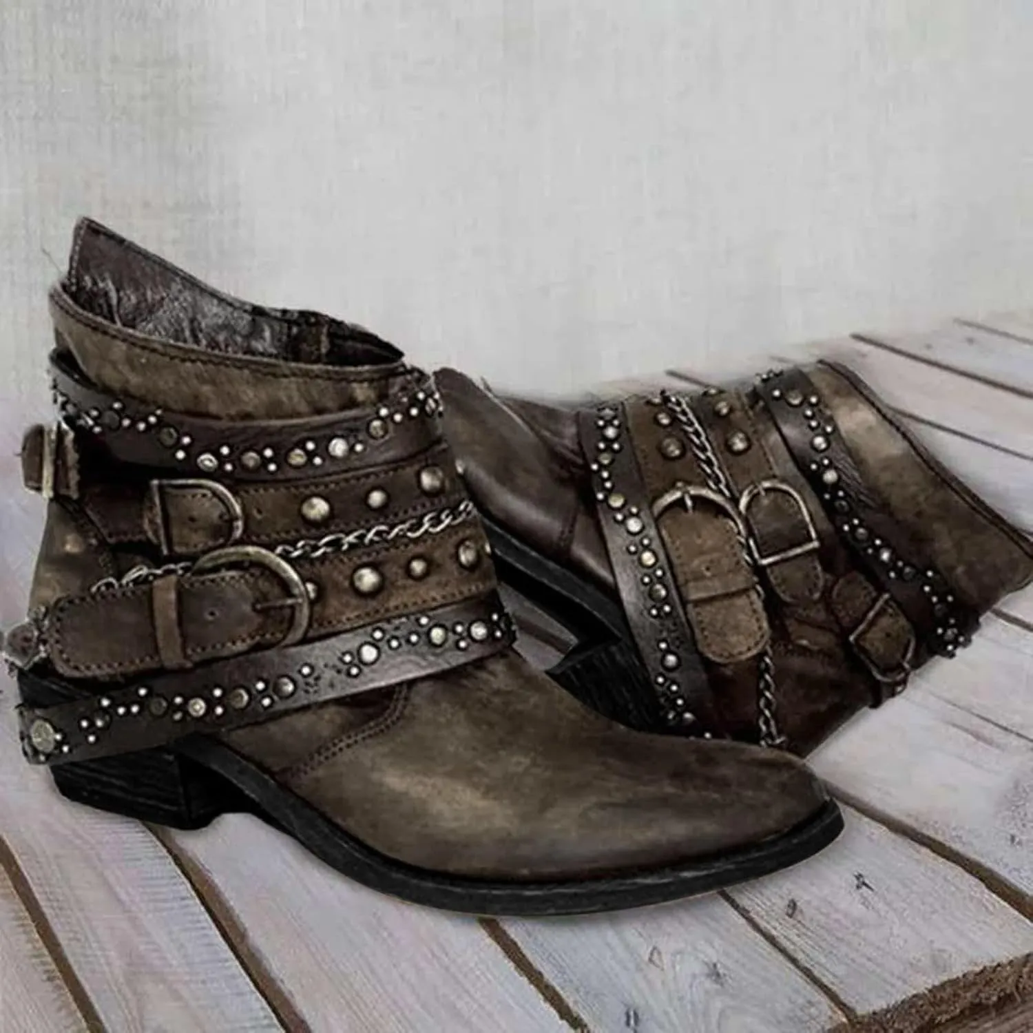 Booties for Women Ankle Black Flat Booties Flat Cowboy Boots for Women Black Ankle Boot Casual Round Head Closed Pointed Toe Low Block Heel Zip Up
