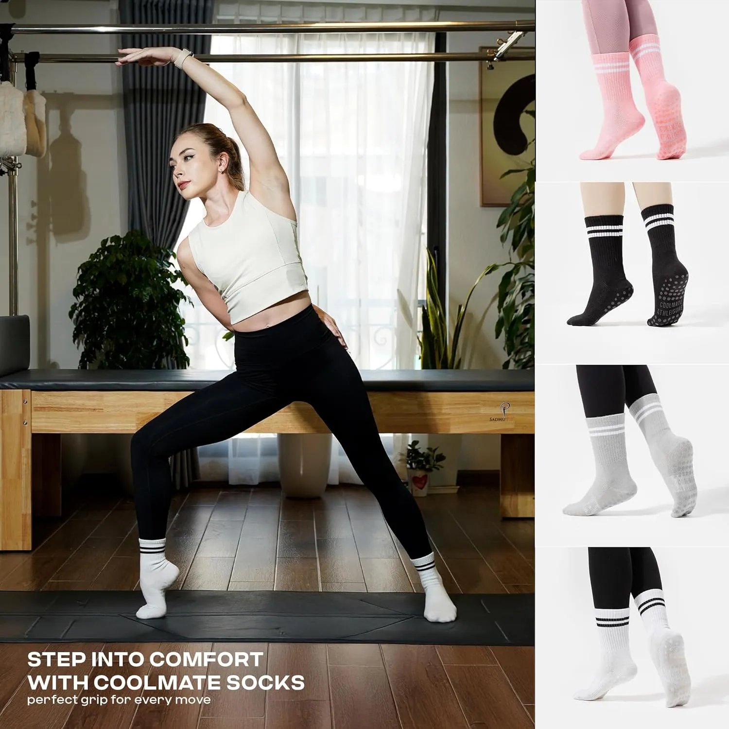COOLMATE Pilates Socks with Grips for Women, Yoga Socks, Crew Non Slip Women for Workout, Barre, Pilates Gifts