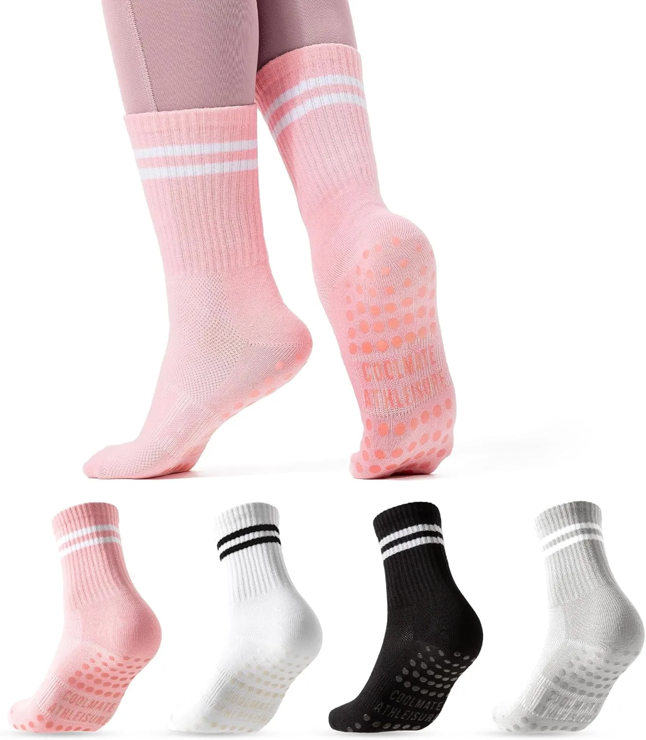 COOLMATE Pilates Socks with Grips for Women, Yoga Socks, Crew Non Slip Women for Workout, Barre, Pilates Gifts
