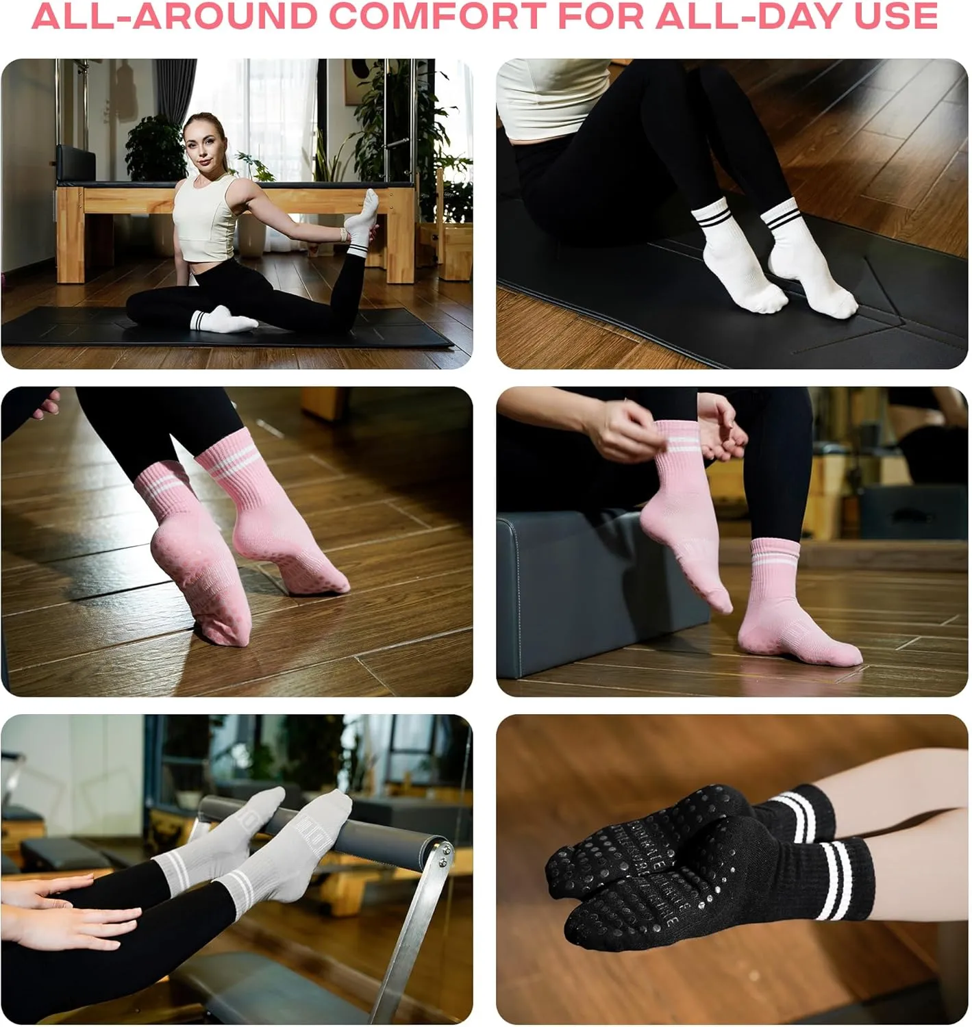 COOLMATE Pilates Socks with Grips for Women, Yoga Socks, Crew Non Slip Women for Workout, Barre, Pilates Gifts