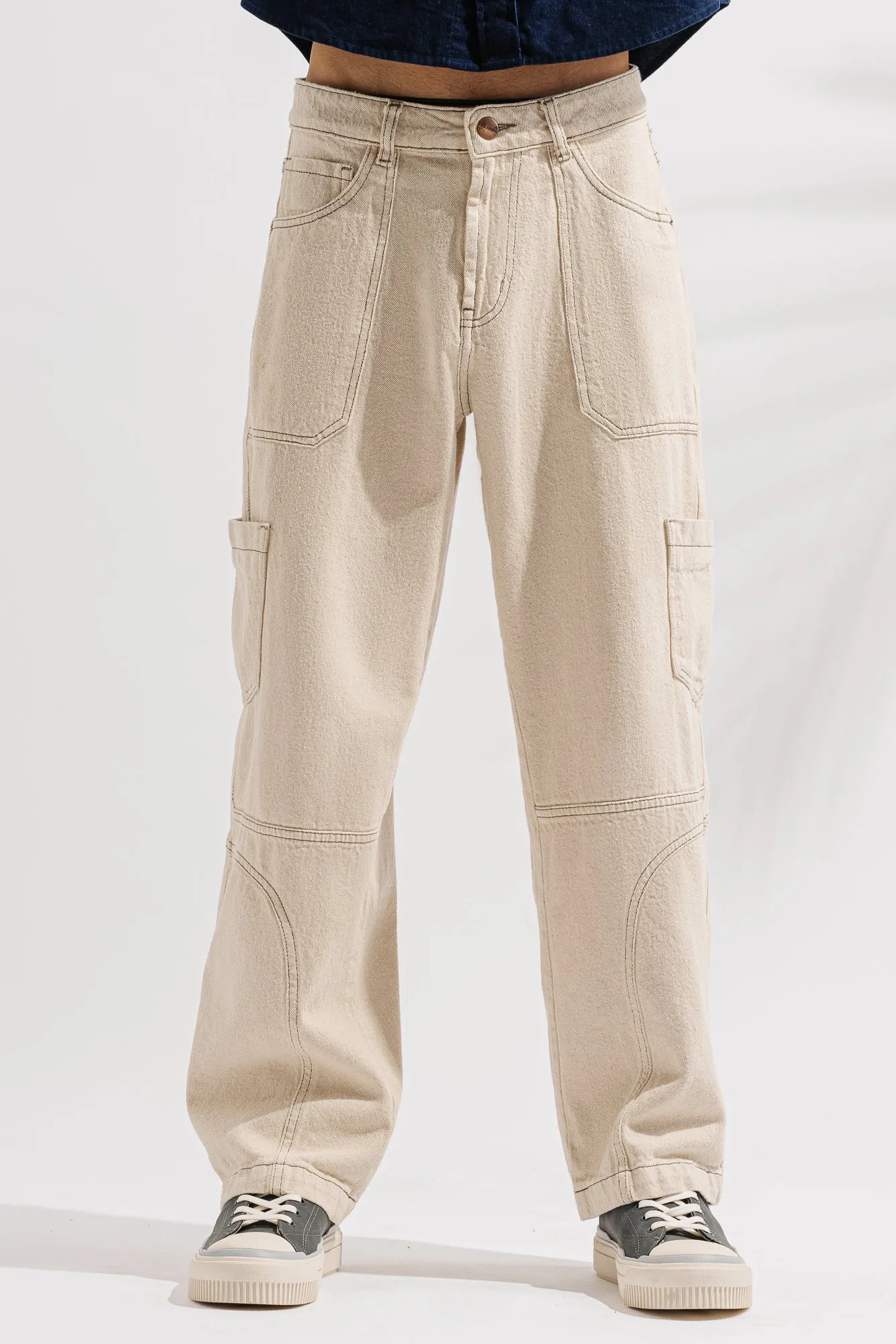 Ecru Contrast Cargo Men's Wide Jeans