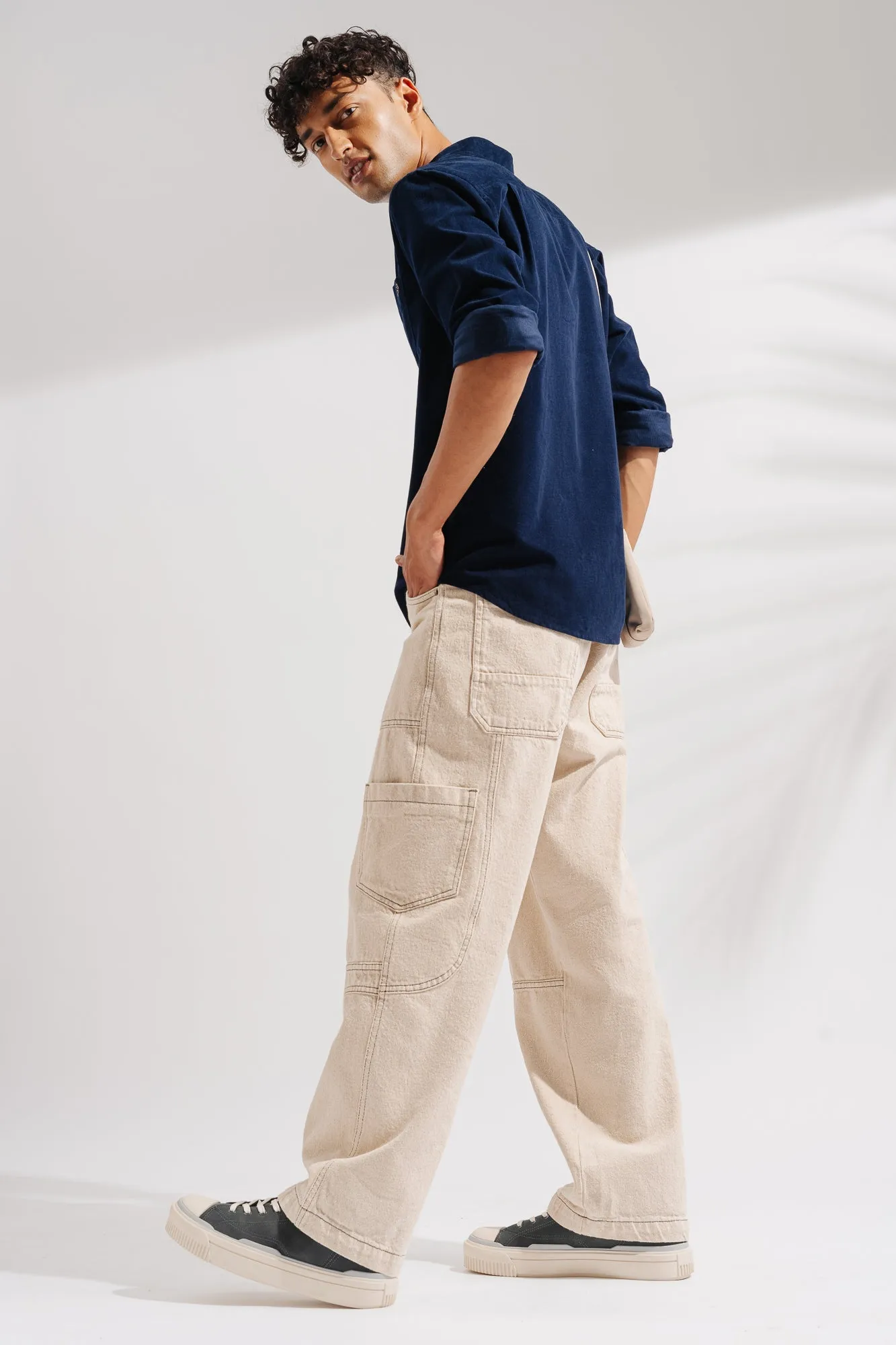 Ecru Contrast Cargo Men's Wide Jeans