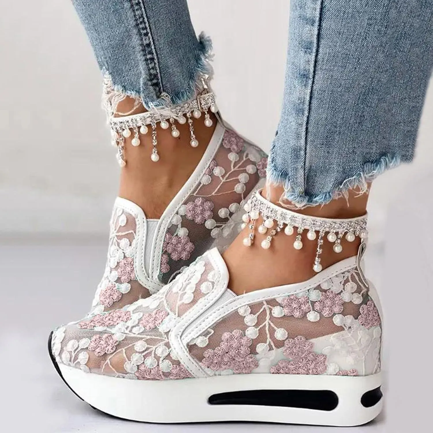 Fashion Sneakers for Women Soft Platform Wedge Shoes Mesh Air Comfort Chunky Sole Slip On Loafers Breathable Walking Work Shoes Arch Support Floral Sheer Mesh Sneaker