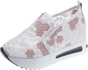 Fashion Sneakers for Women Soft Platform Wedge Shoes Mesh Air Comfort Chunky Sole Slip On Loafers Breathable Walking Work Shoes Arch Support Floral Sheer Mesh Sneaker
