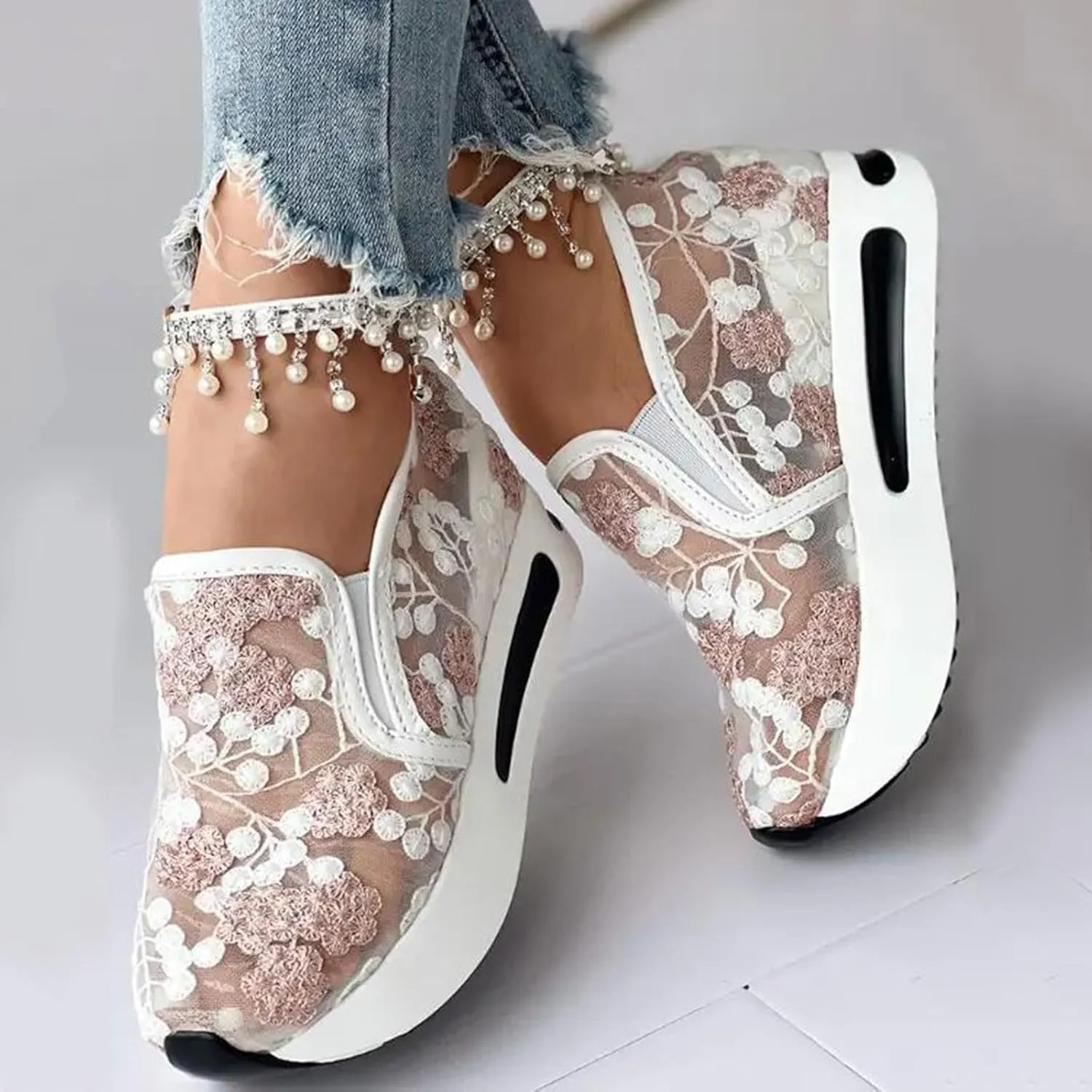 Fashion Sneakers for Women Soft Platform Wedge Shoes Mesh Air Comfort Chunky Sole Slip On Loafers Breathable Walking Work Shoes Arch Support Floral Sheer Mesh Sneaker