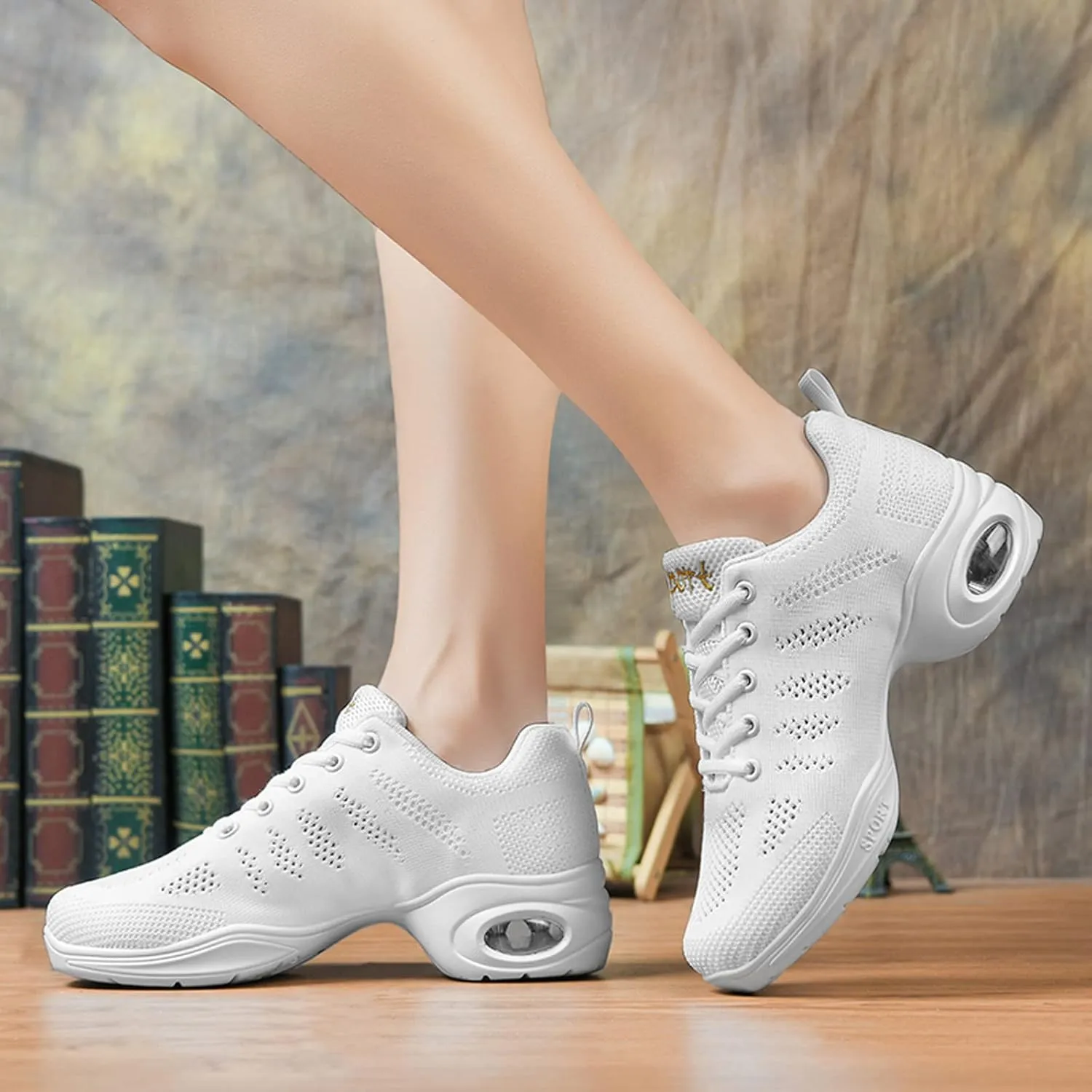 FLIOZY Dance Sneakers Womens Jazz Shoes Lace-up Breathable Mesh Sports Walking Dance Shoes Practice Shoes Outdoor Air Cushion Platform Shoes