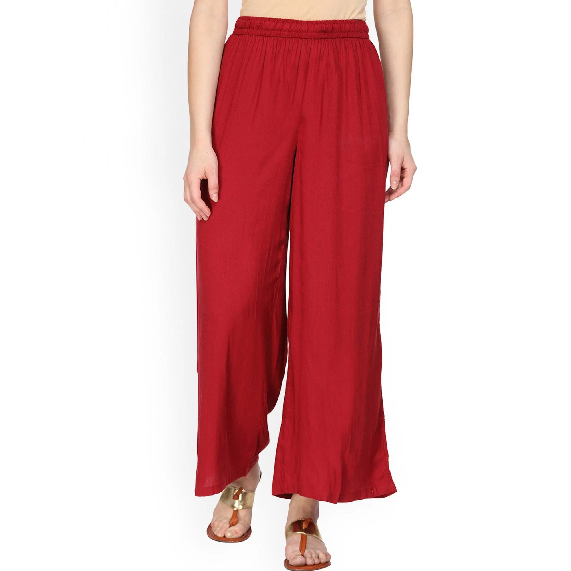 Gleaming Red Colored Casual Wear Rayon Palazzo