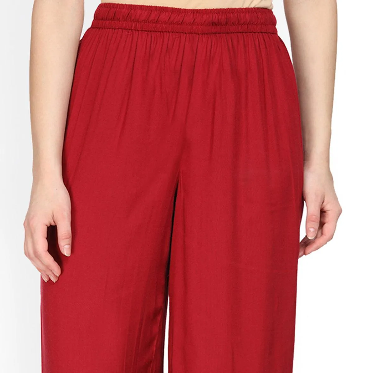 Gleaming Red Colored Casual Wear Rayon Palazzo