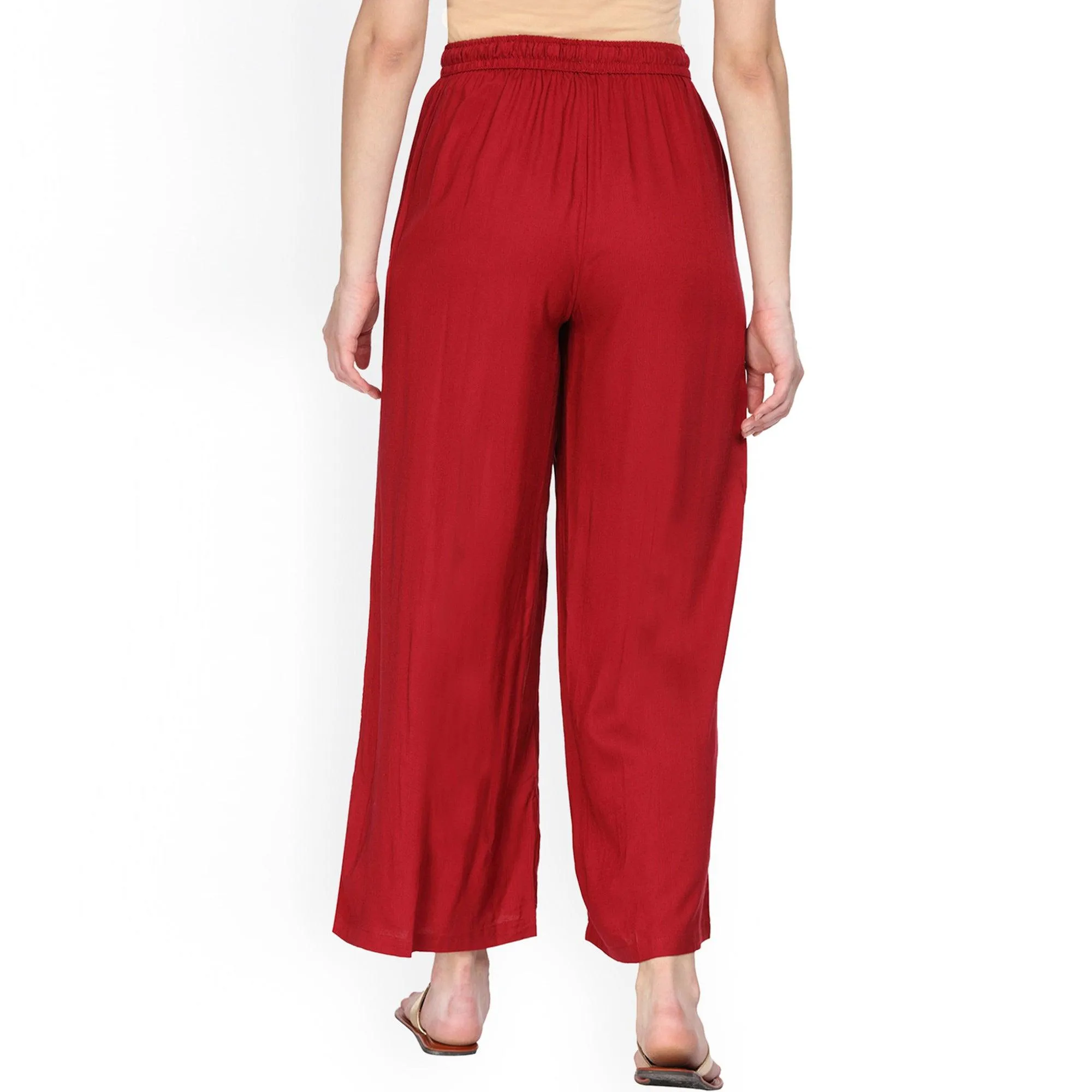 Gleaming Red Colored Casual Wear Rayon Palazzo