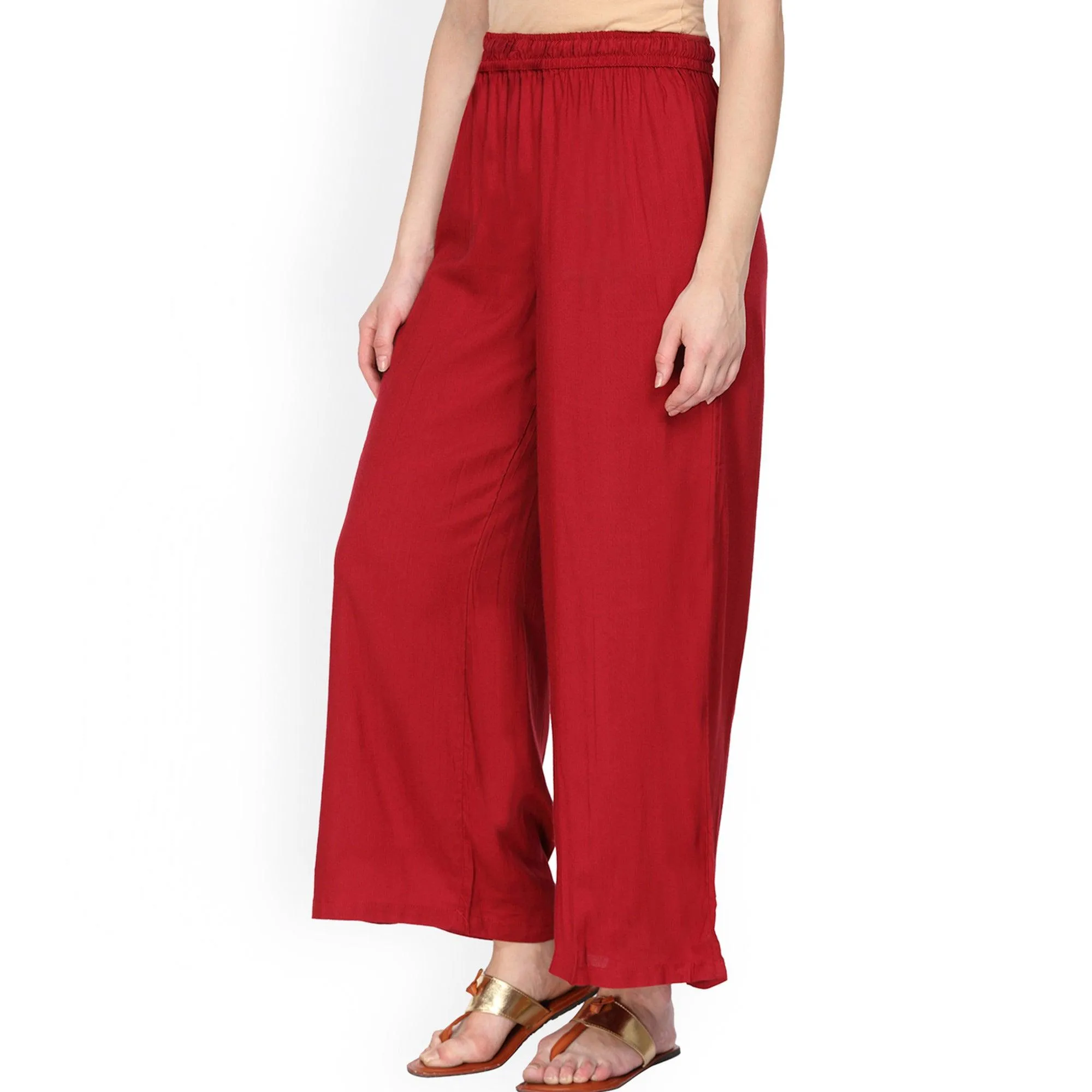 Gleaming Red Colored Casual Wear Rayon Palazzo