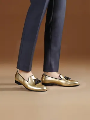Imported golden cowhide handmade men's tassel shoes European and American party wedding banquet slip-on loafers trendy yuppie shoes