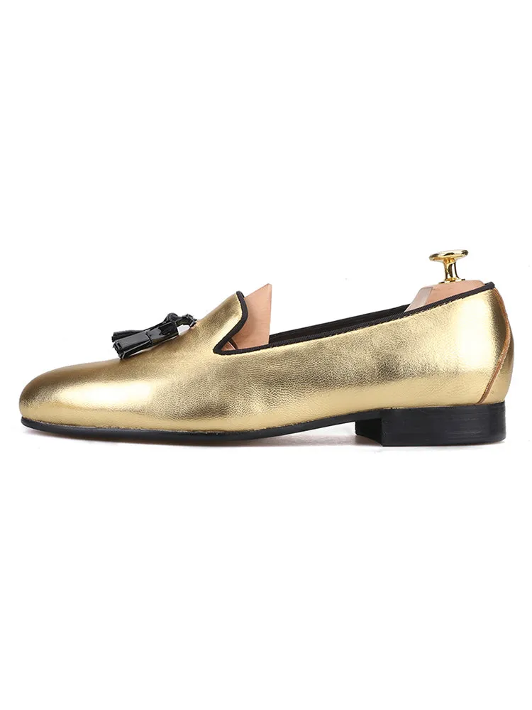 Imported golden cowhide handmade men's tassel shoes European and American party wedding banquet slip-on loafers trendy yuppie shoes