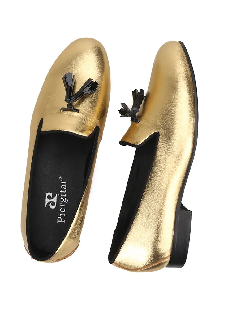 Imported golden cowhide handmade men's tassel shoes European and American party wedding banquet slip-on loafers trendy yuppie shoes