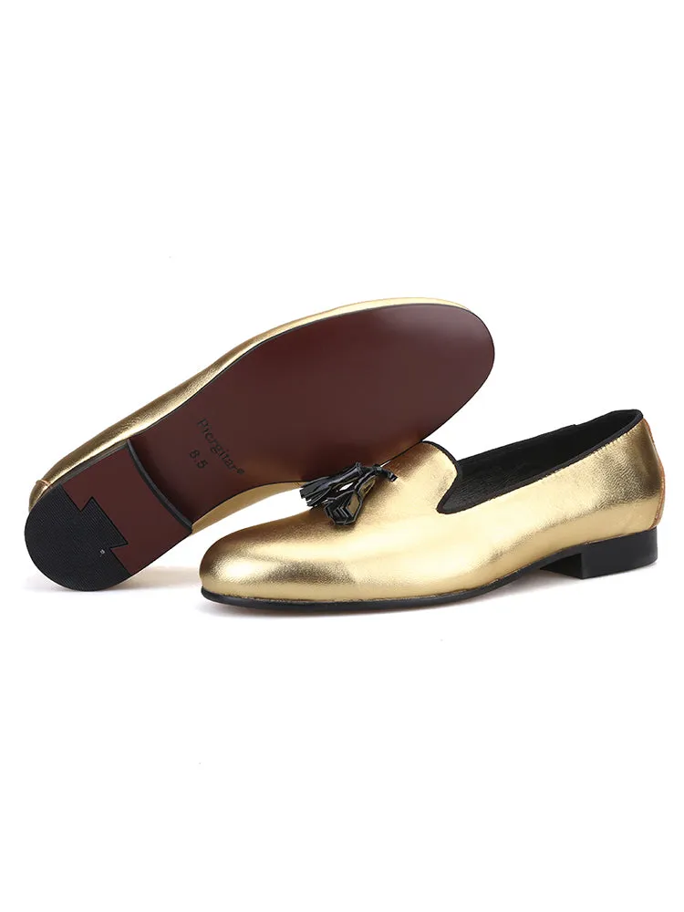 Imported golden cowhide handmade men's tassel shoes European and American party wedding banquet slip-on loafers trendy yuppie shoes