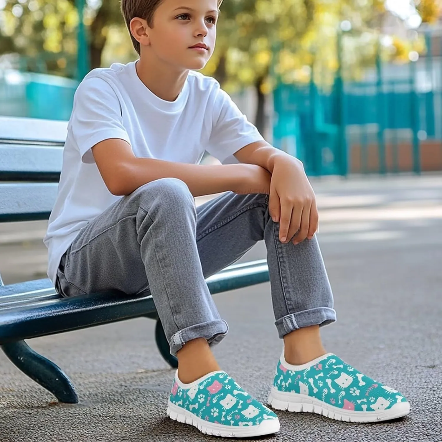 Kids Breathable Sneakers Slip On Casual Shoes Boys Girls Lightweight Cozy Walking Shoe for Workout Size 11-15 White Sole