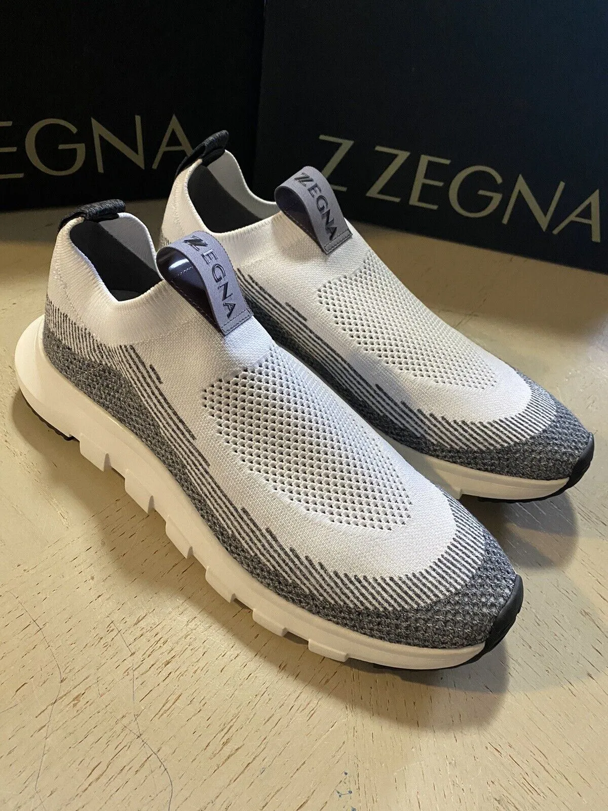 New $495 Z Zegna Men Sock Runners  Sneakers Shoes White/Gray 12.5 US/45.5 Eu