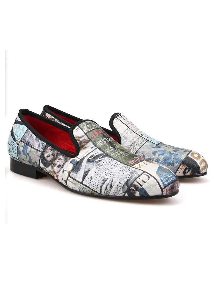 New magazine pattern graffiti European and American men's loafers trendy low-top shoes one-leg slip-on shoes