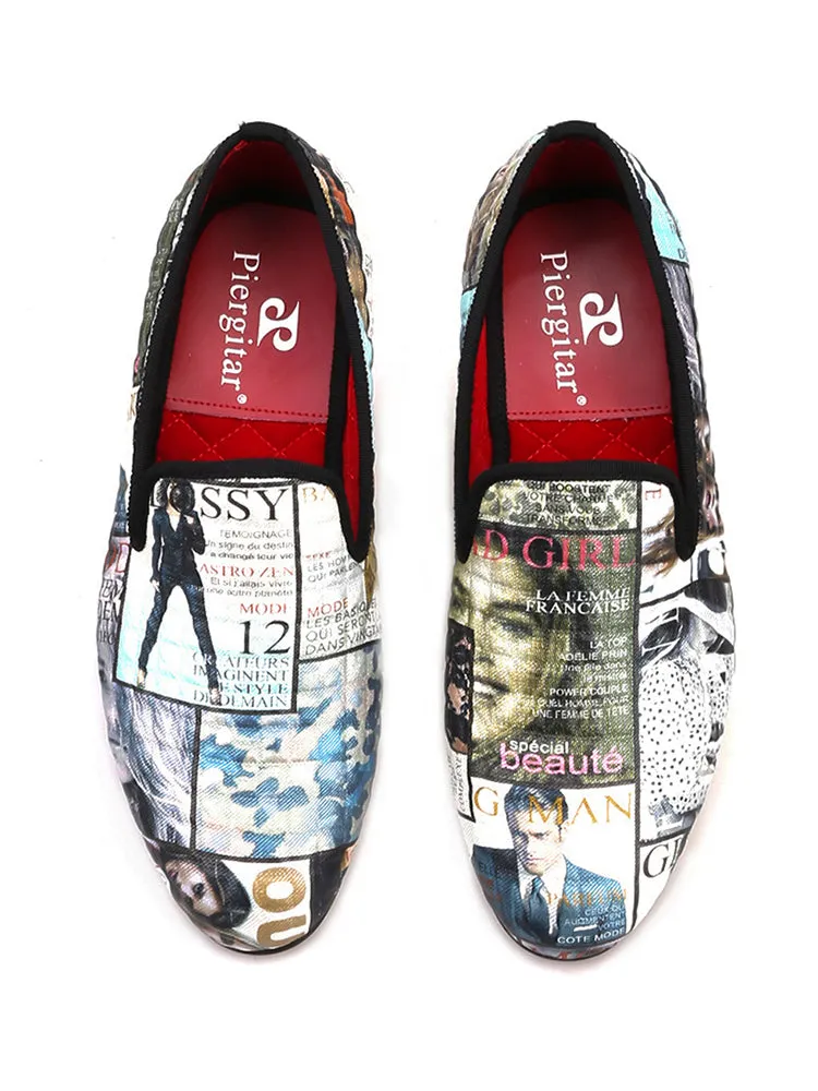 New magazine pattern graffiti European and American men's loafers trendy low-top shoes one-leg slip-on shoes