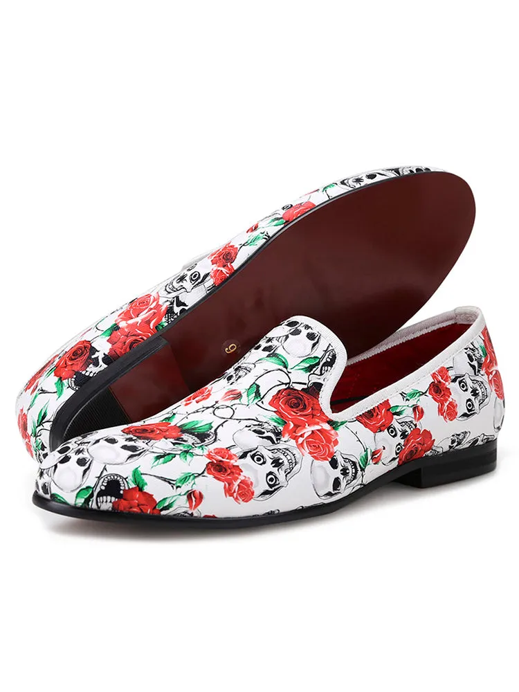 New skull mixed print white men's loafers European and American trendy banquet formal shoes single shoes for men