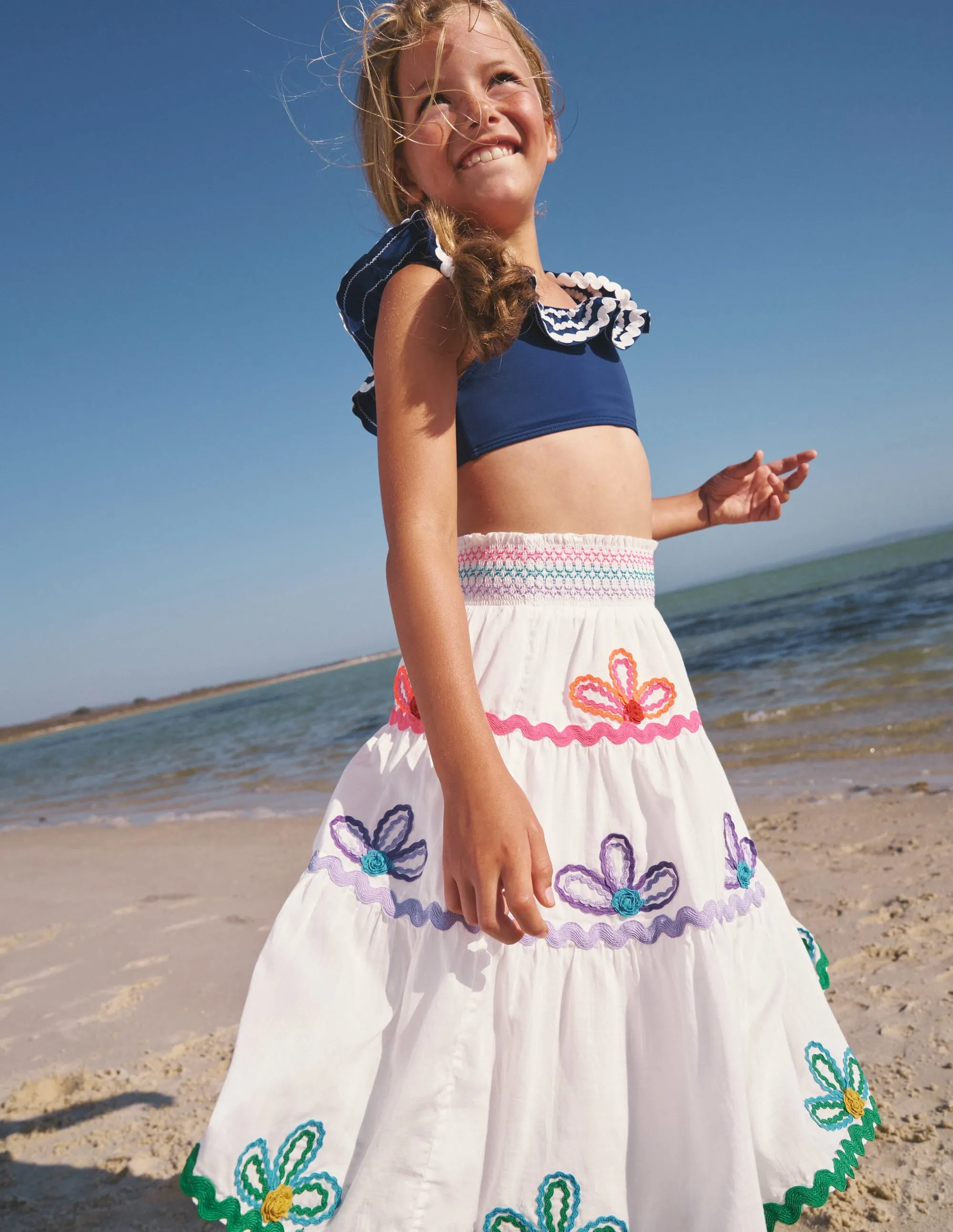 Ric Rac Detail Midi Skirt-White