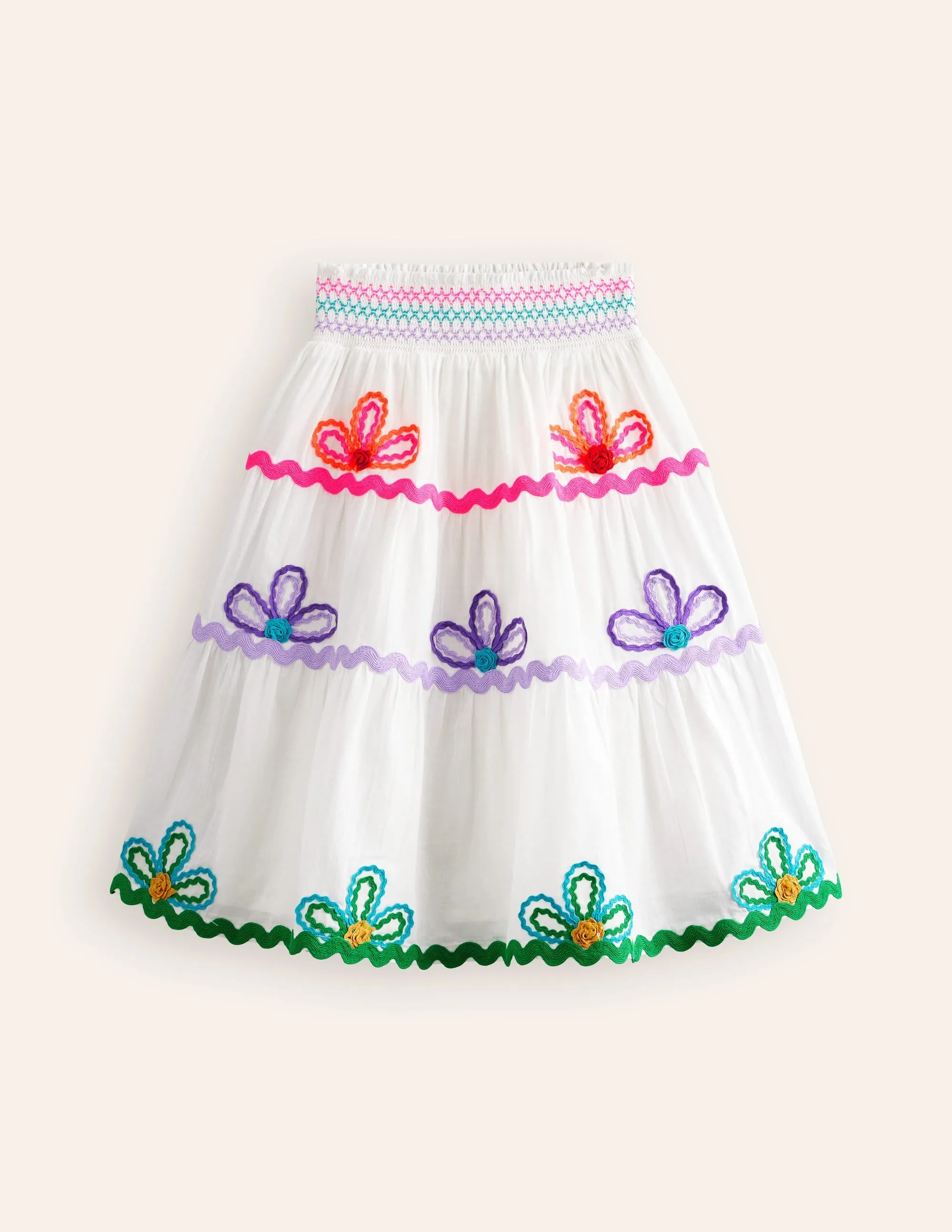 Ric Rac Detail Midi Skirt-White