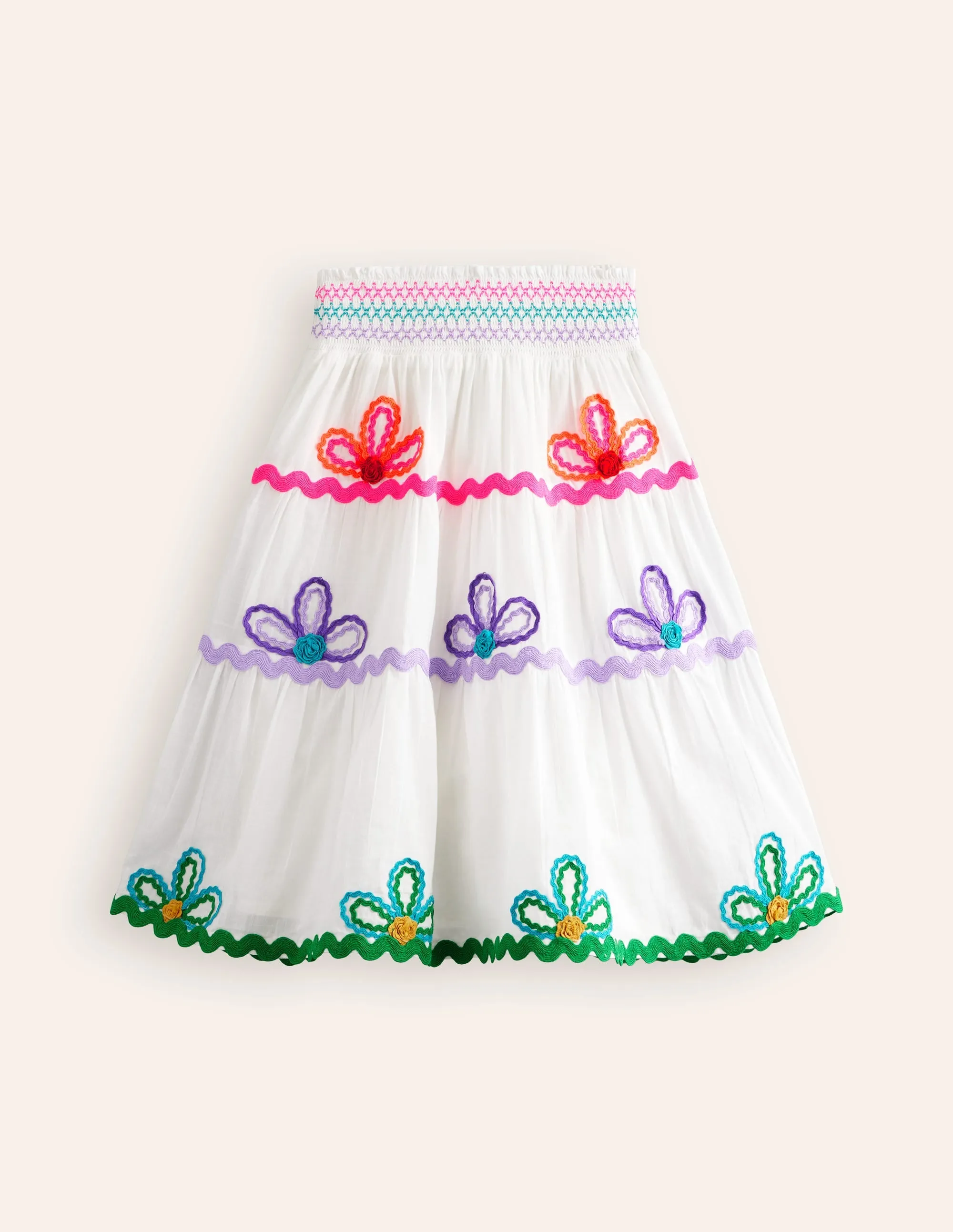 Ric Rac Detail Midi Skirt-White