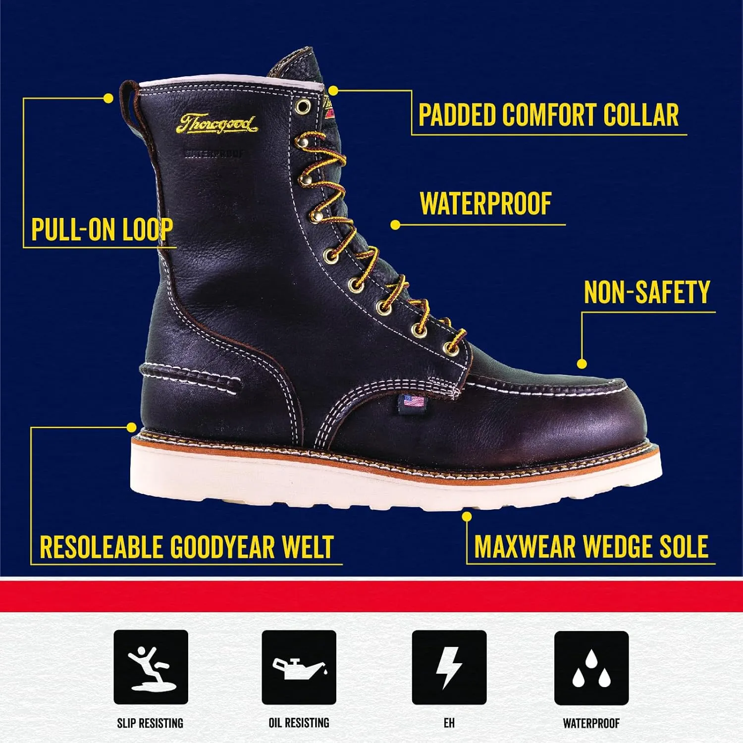 Thorogood 1957 Series 8 Waterproof Work Boots for Men - Full-Grain Leather with Moc Toe, Comfort Insole, and Slip-Resistant Wedge Outsole; EH Resistant