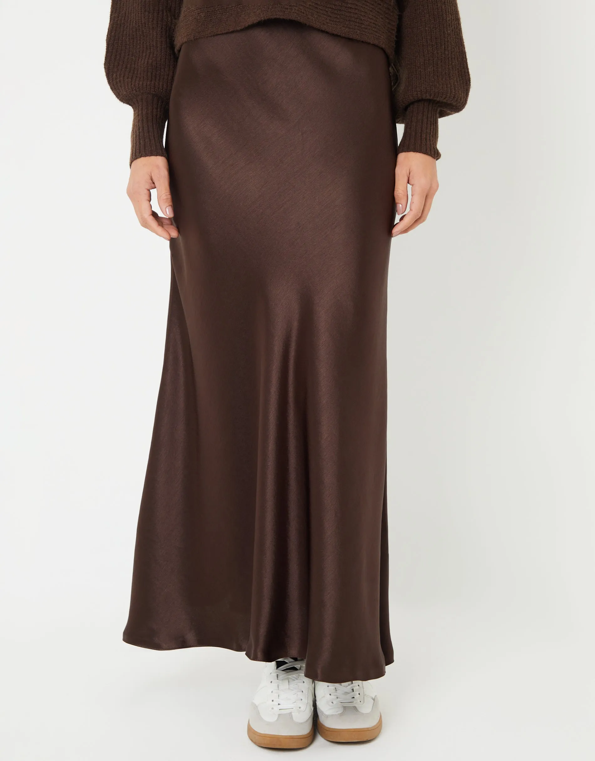 Women's Chocolate Brown Maxi Satin Slip Skirt