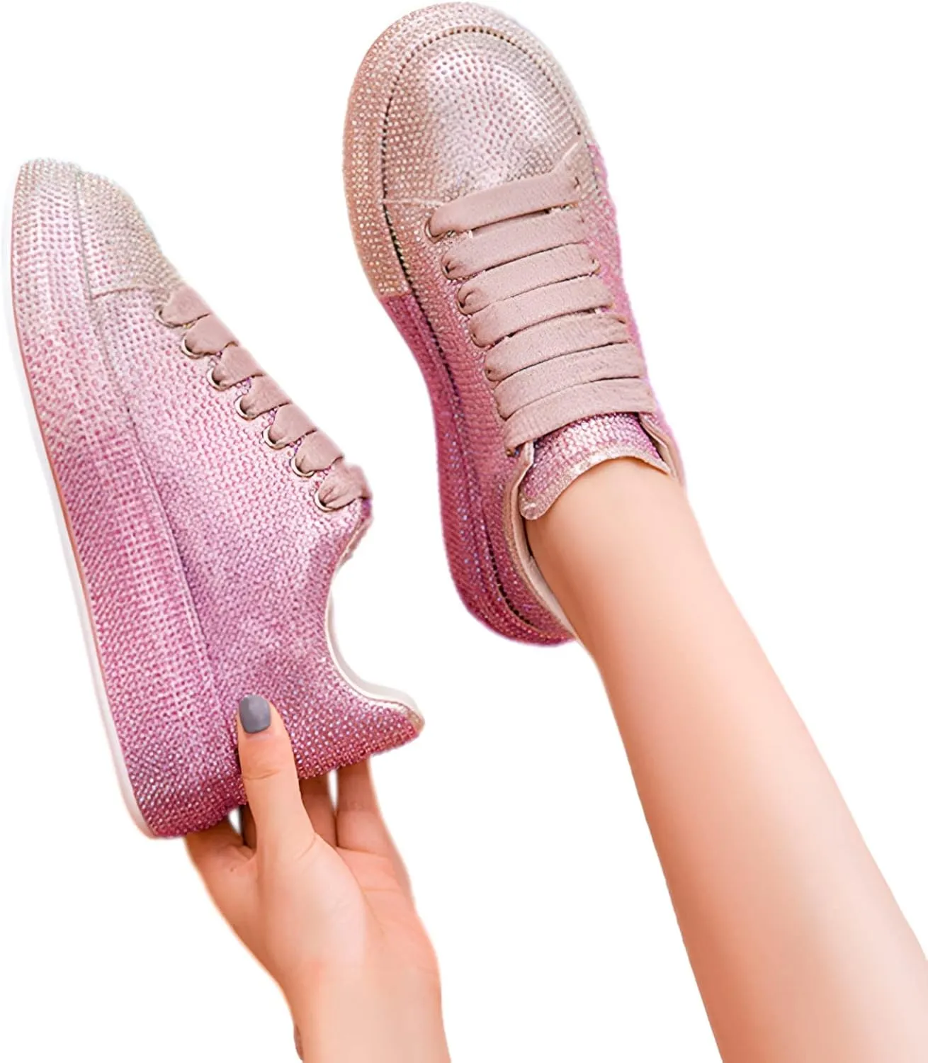 Women's Glitter Rhinestones Sneakers Gradient Colors Lace-Up Casual Platform Sports Shoes