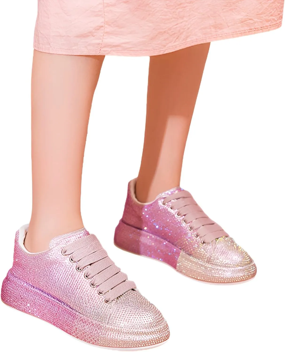 Women's Glitter Rhinestones Sneakers Gradient Colors Lace-Up Casual Platform Sports Shoes
