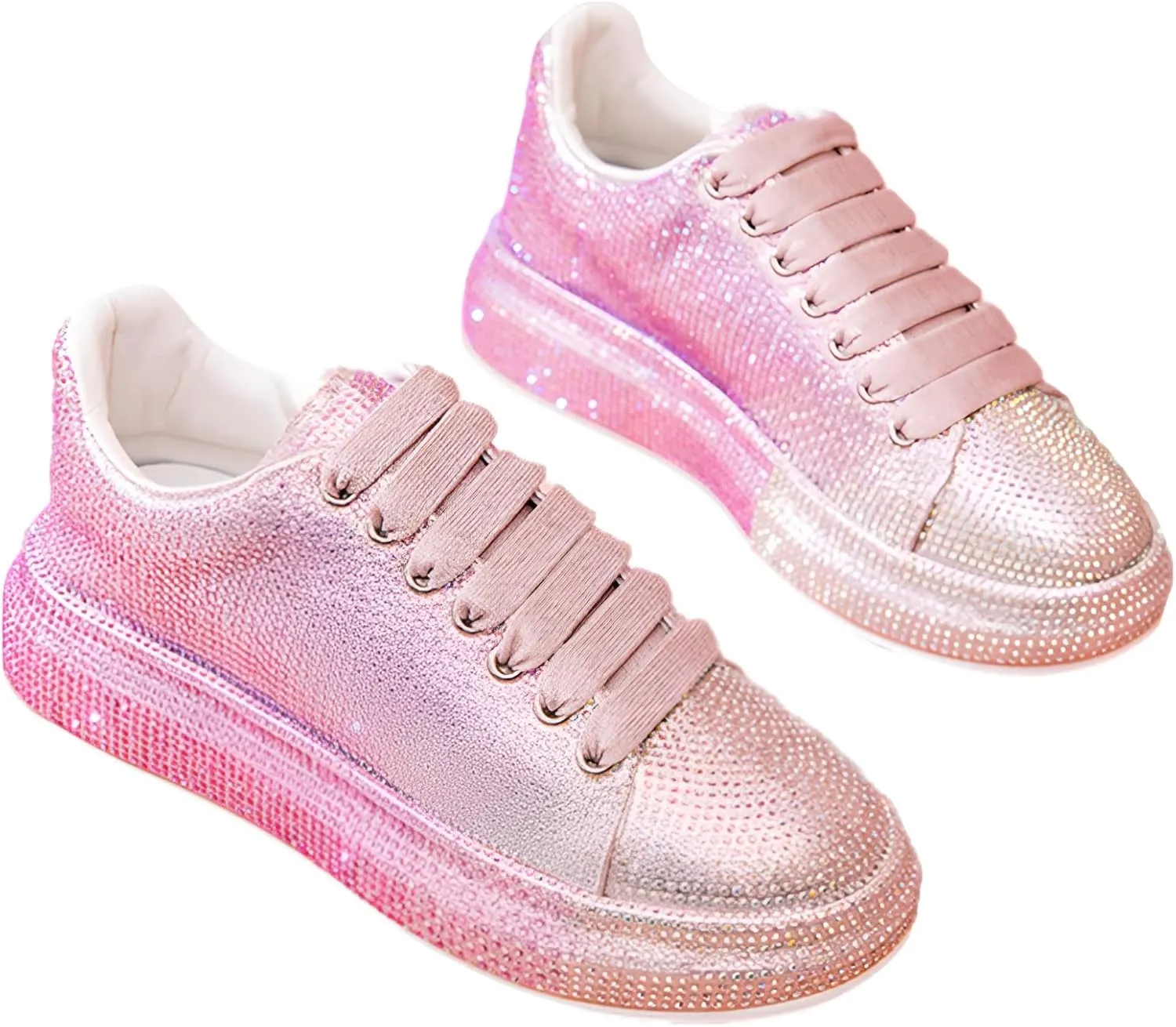 Women's Glitter Rhinestones Sneakers Gradient Colors Lace-Up Casual Platform Sports Shoes
