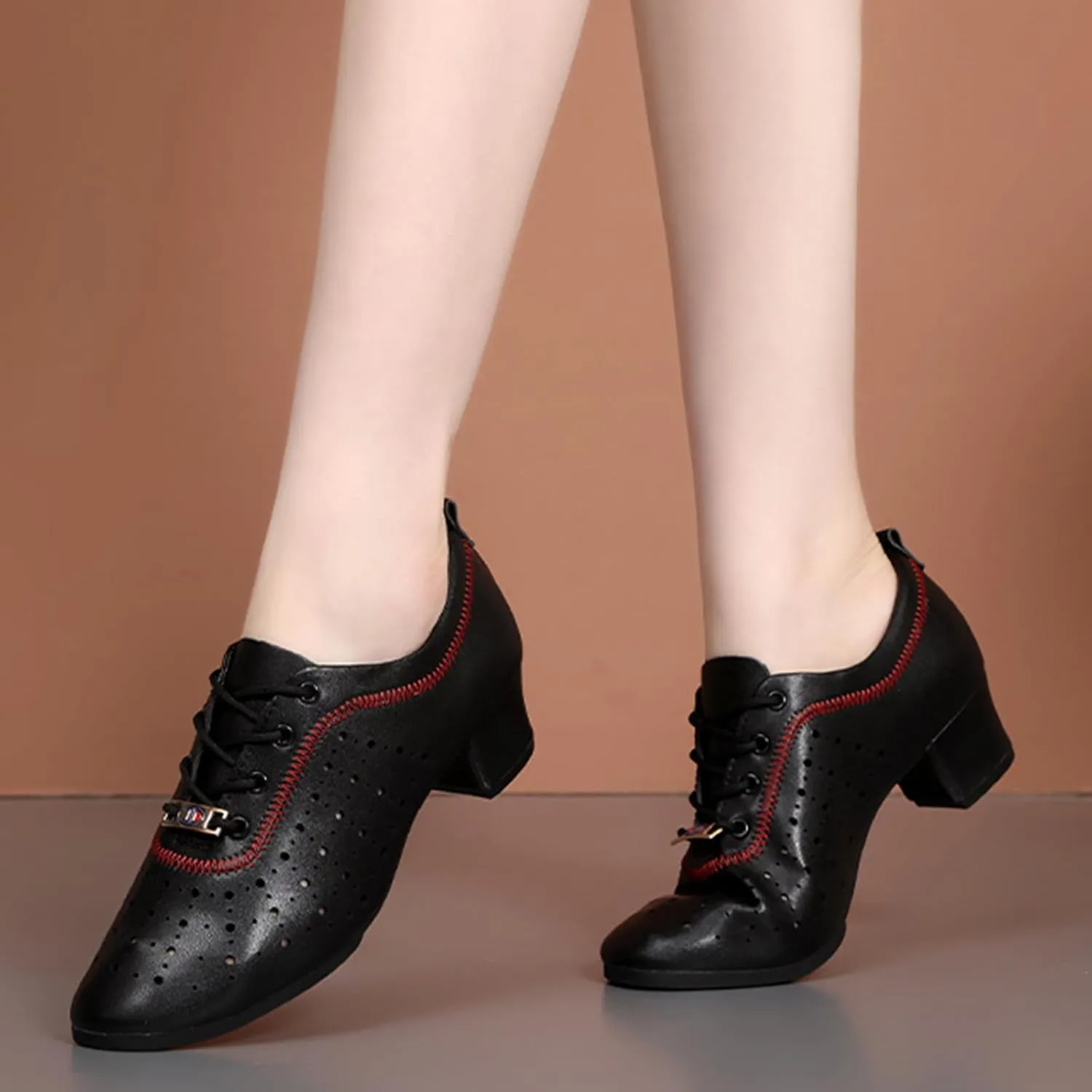 Women's Latin Dance Practice Shoes Ballroom Dance Shoes 3.5Cm Heel Straight Rubber Sole Lace-Up Modern Salsa Dance Shoes