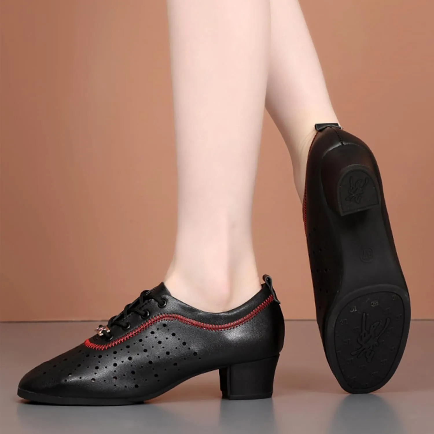 Women's Latin Dance Practice Shoes Ballroom Dance Shoes 3.5Cm Heel Straight Rubber Sole Lace-Up Modern Salsa Dance Shoes