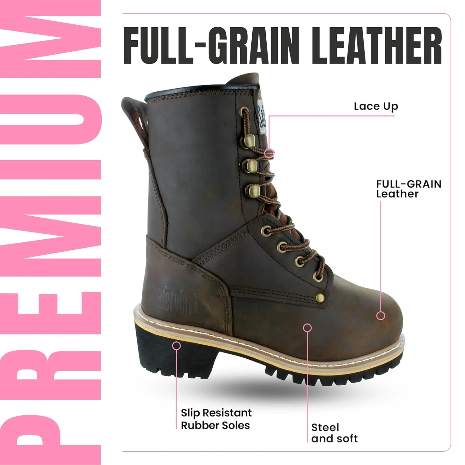 Women's Logger Boots - 7M | Construction Boots for Women with Steel Toe, Water-Resistant Full-Grain Leather, Cushioned Insole, Goodyear Welt Outsole | 8" Logger Work Boots - Dark Brown