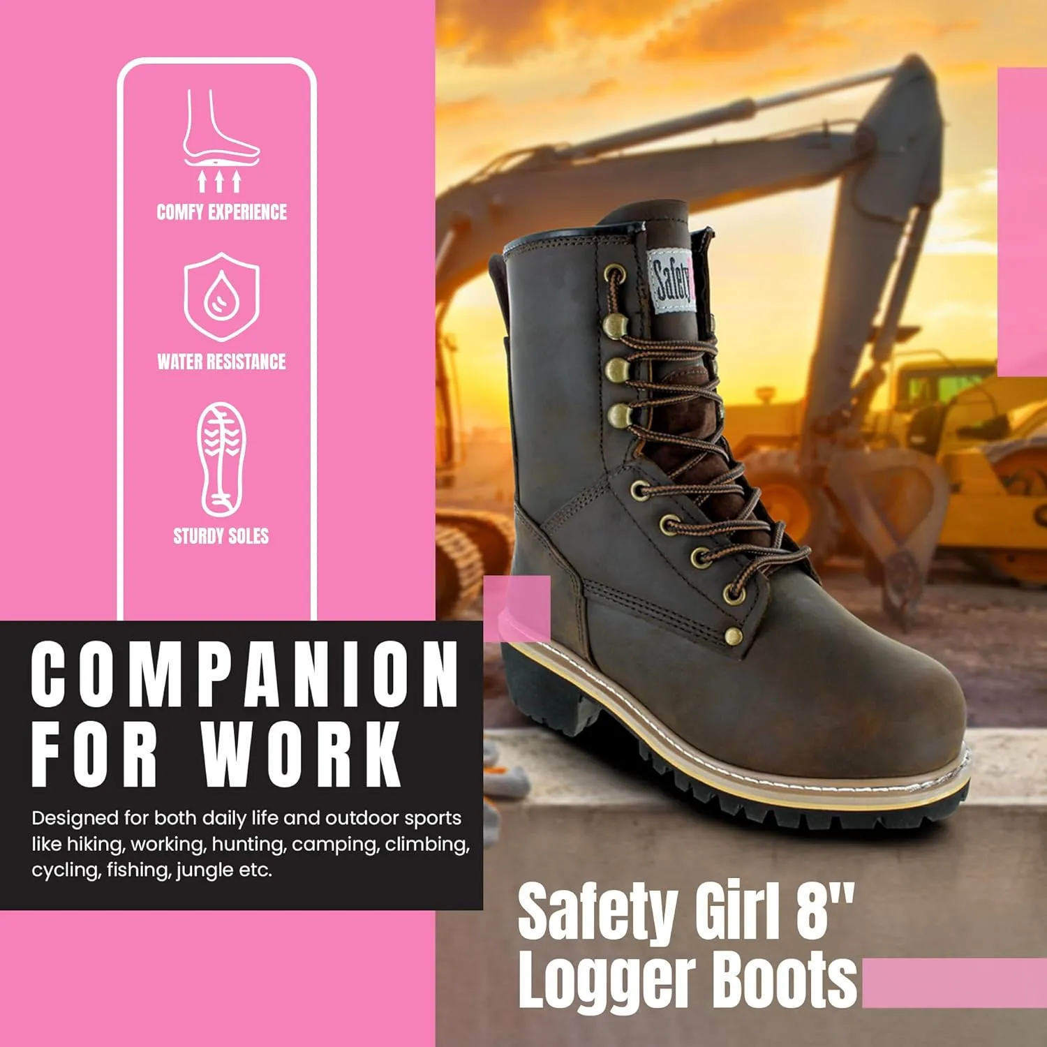 Women's Logger Boots - 7M | Construction Boots for Women with Steel Toe, Water-Resistant Full-Grain Leather, Cushioned Insole, Goodyear Welt Outsole | 8" Logger Work Boots - Dark Brown
