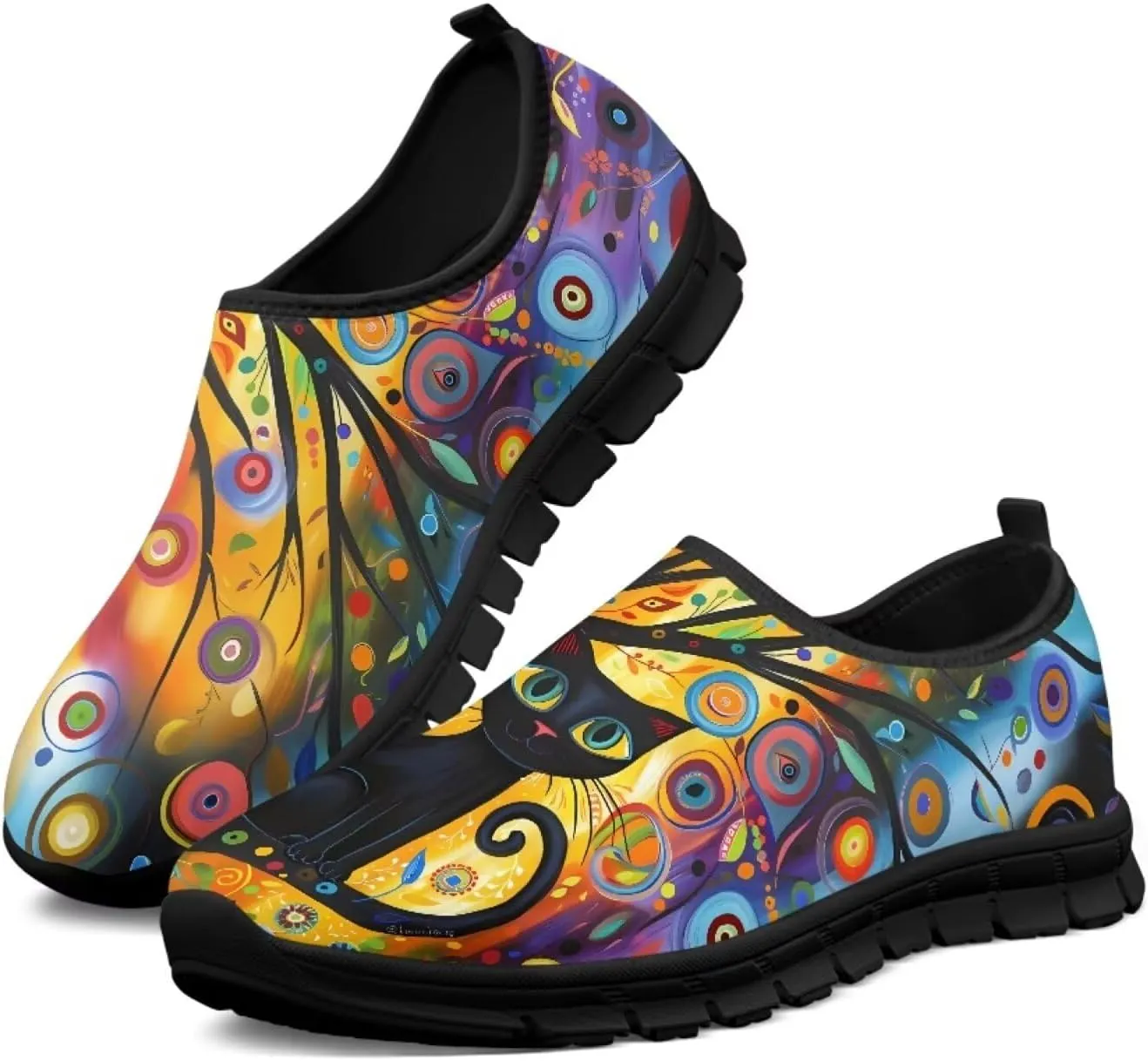 Women's Mesh Shoes Cat Print Non-Slip Athletic Sport Sneakers Soft Running Sneakers Cozy Breathable Walking Loafers for Outdoor