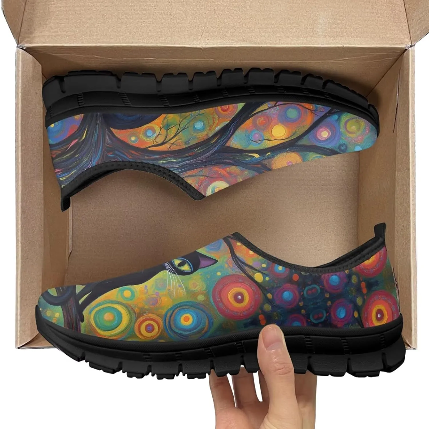 Women's Mesh Shoes Cat Print Non-Slip Athletic Sport Sneakers Soft Running Sneakers Cozy Breathable Walking Loafers for Outdoor