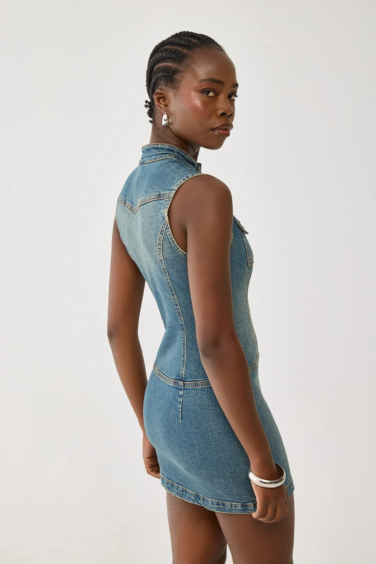 Worship Speedy Denim Mini Dress Dirty Mid Blue