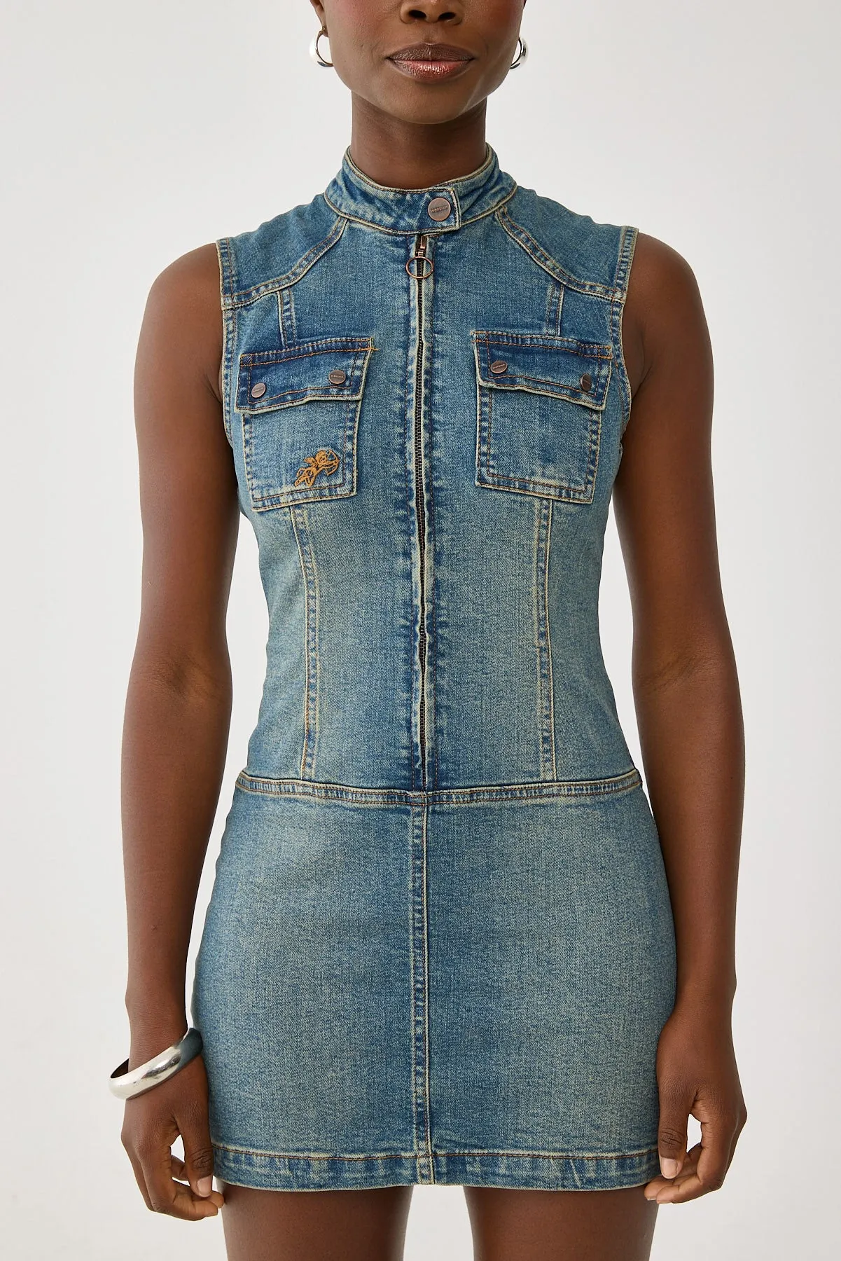 Worship Speedy Denim Mini Dress Dirty Mid Blue