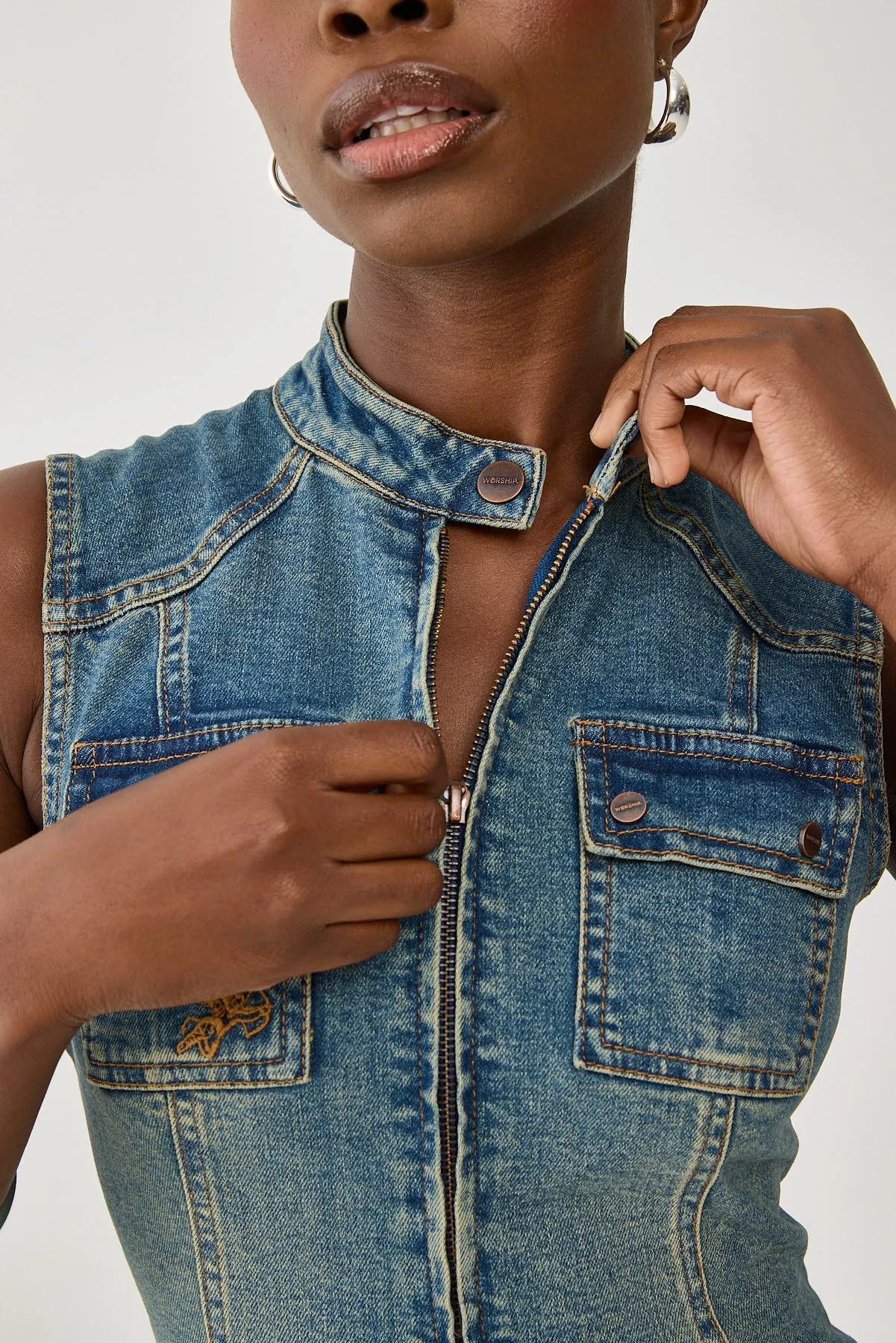 Worship Speedy Denim Mini Dress Dirty Mid Blue