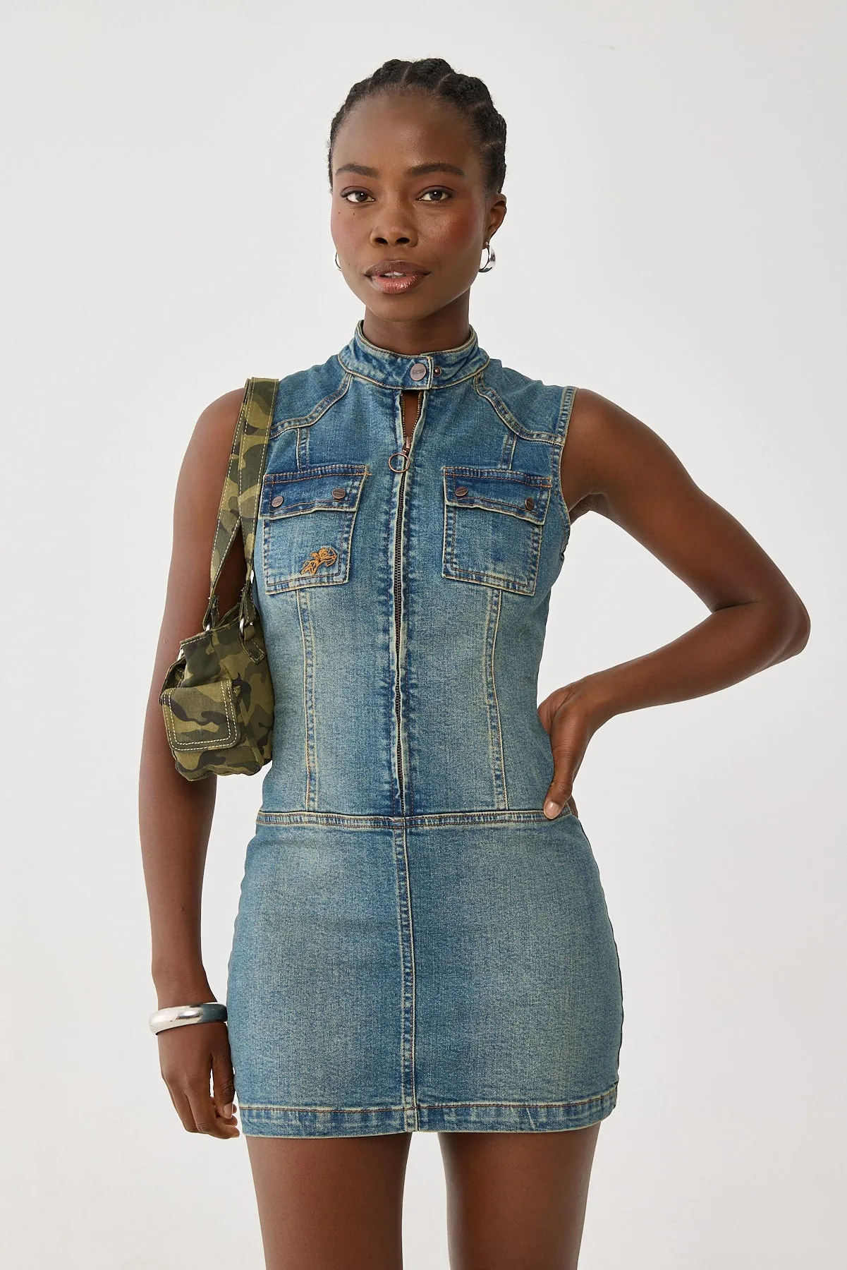 Worship Speedy Denim Mini Dress Dirty Mid Blue