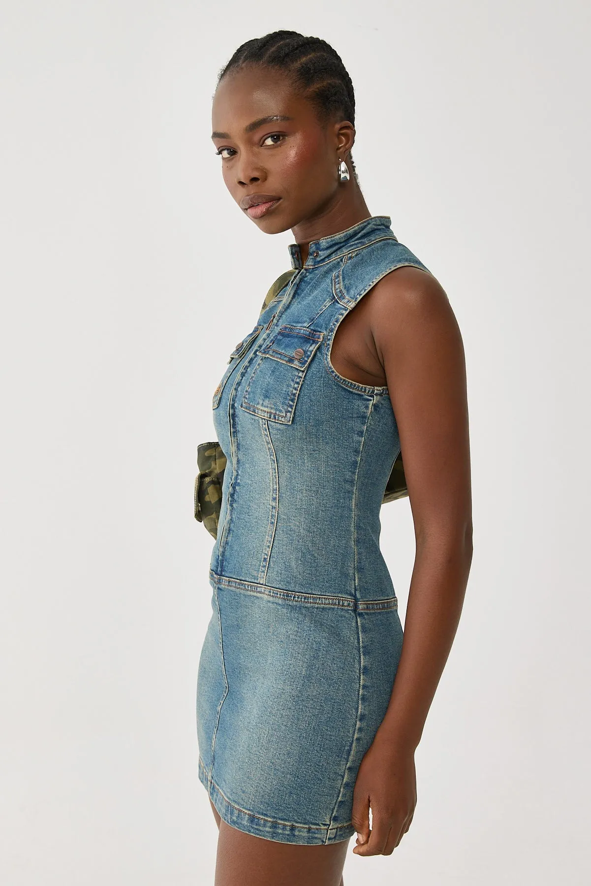 Worship Speedy Denim Mini Dress Dirty Mid Blue